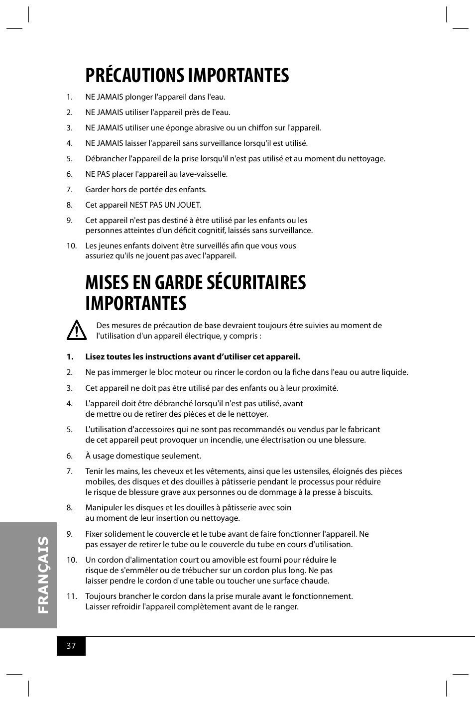 Précautions importantes, Mises en garde sécuritaires importantes | Nostalgia Electrics CDP200 RED User Manual | Page 39 / 54