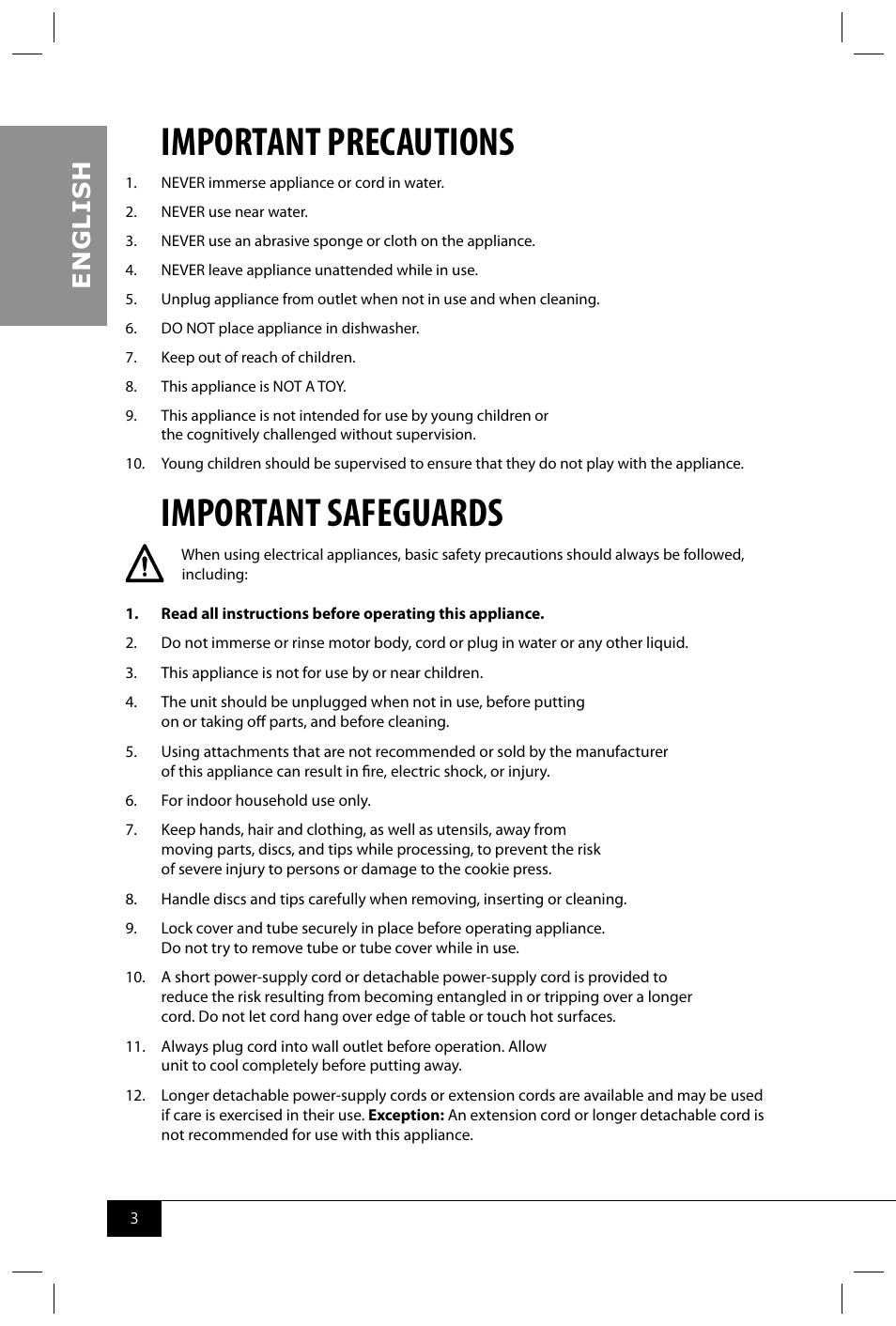 Important precautions, Important safeguards, En g li s h | Nostalgia Electrics CDP200 RED User Manual | Page 5 / 54