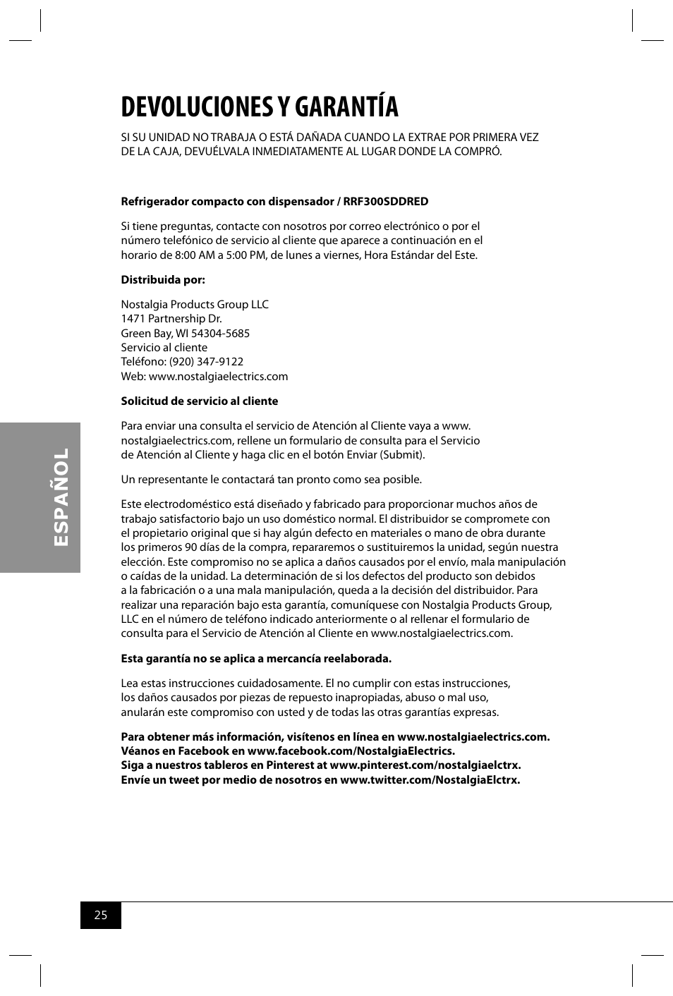 Devoluciones y garantía | Nostalgia Electrics RRF300SDD SERIES User Manual | Page 27 / 39