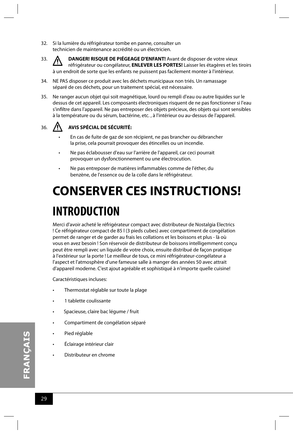 Conserver ces instructions! introduction | Nostalgia Electrics RRF300SDD SERIES User Manual | Page 31 / 39