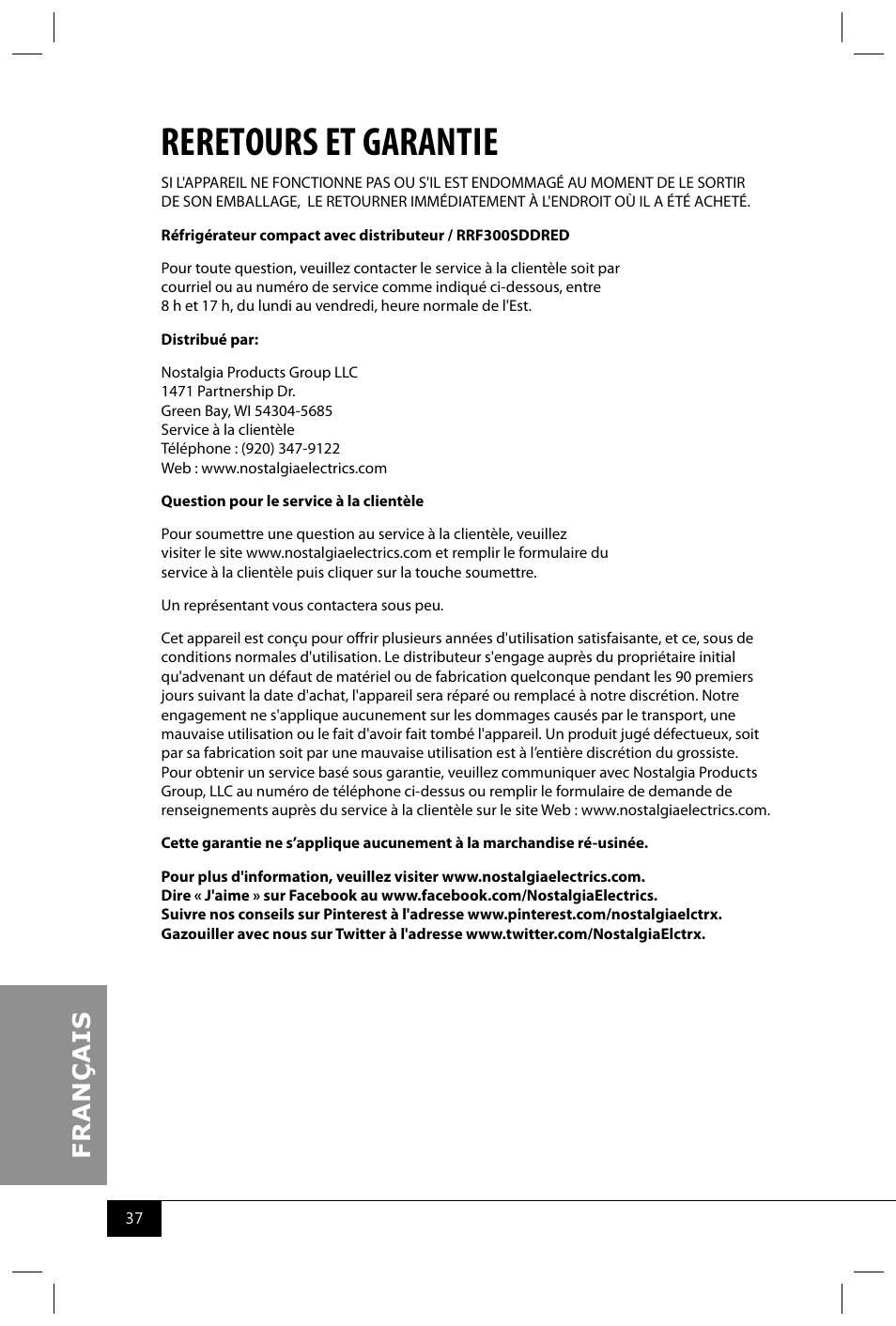 Reretours et garantie | Nostalgia Electrics RRF300SDD SERIES User Manual | Page 39 / 39