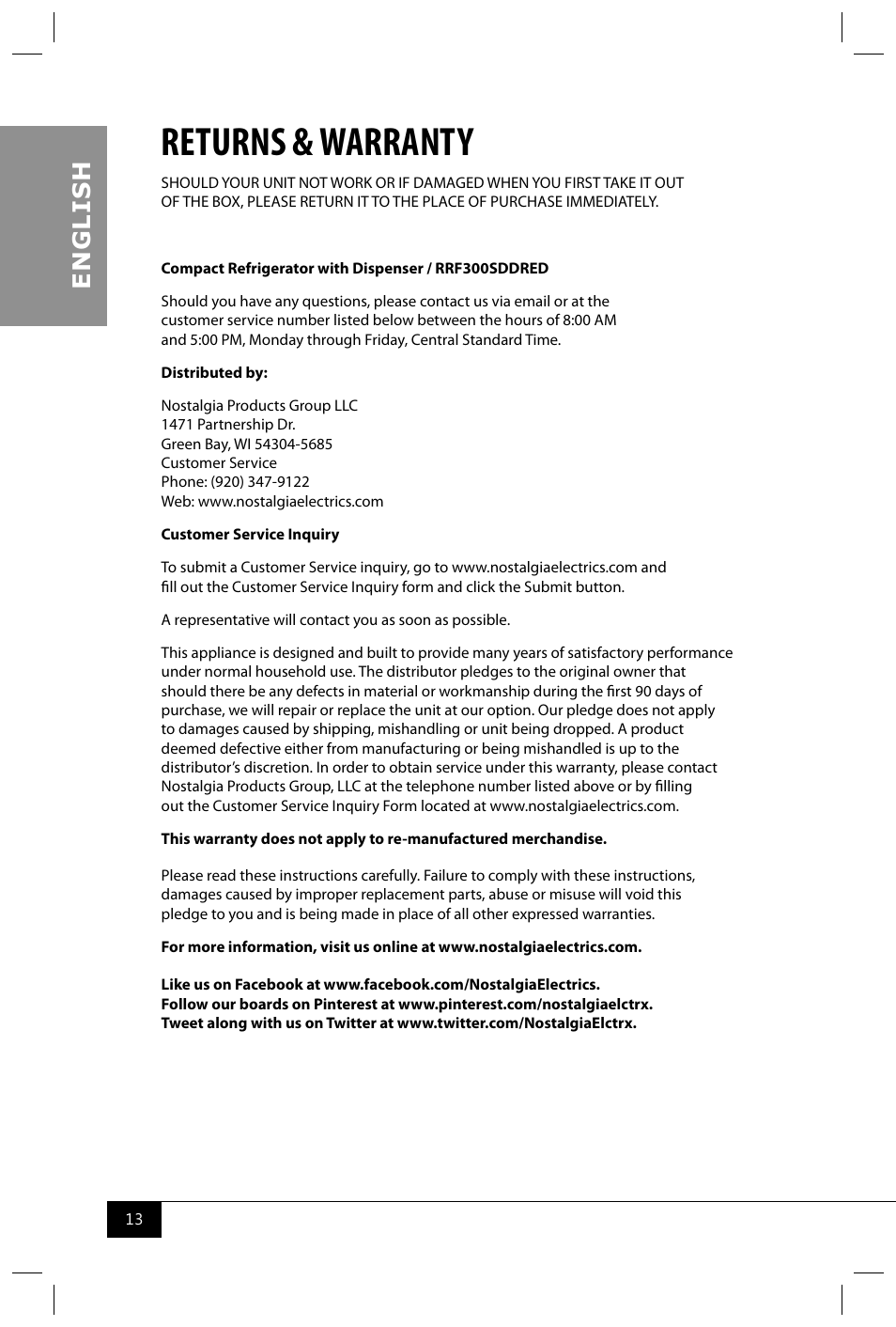 Returns & warranty, En g li s h | Nostalgia Electrics RRF300DNC SERIES User Manual | Page 15 / 39