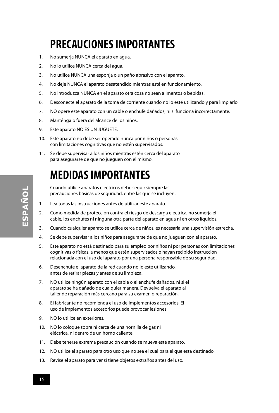 Precauciones importantes, Medidas importantes | Nostalgia Electrics RRF300DNC SERIES User Manual | Page 17 / 39