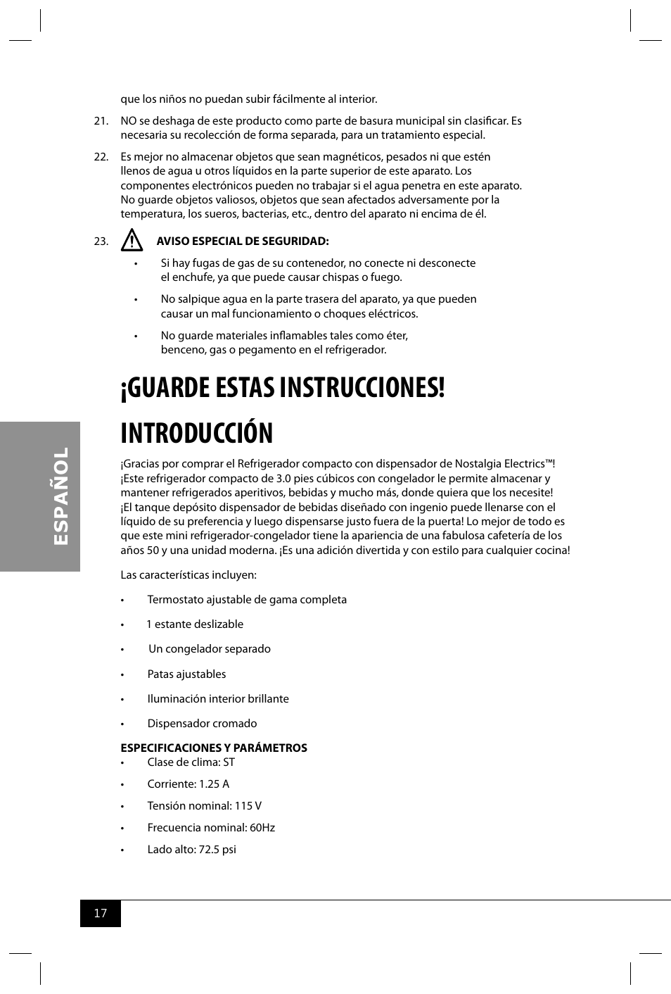 Guarde estas instrucciones! introducción | Nostalgia Electrics RRF300DNC SERIES User Manual | Page 19 / 39