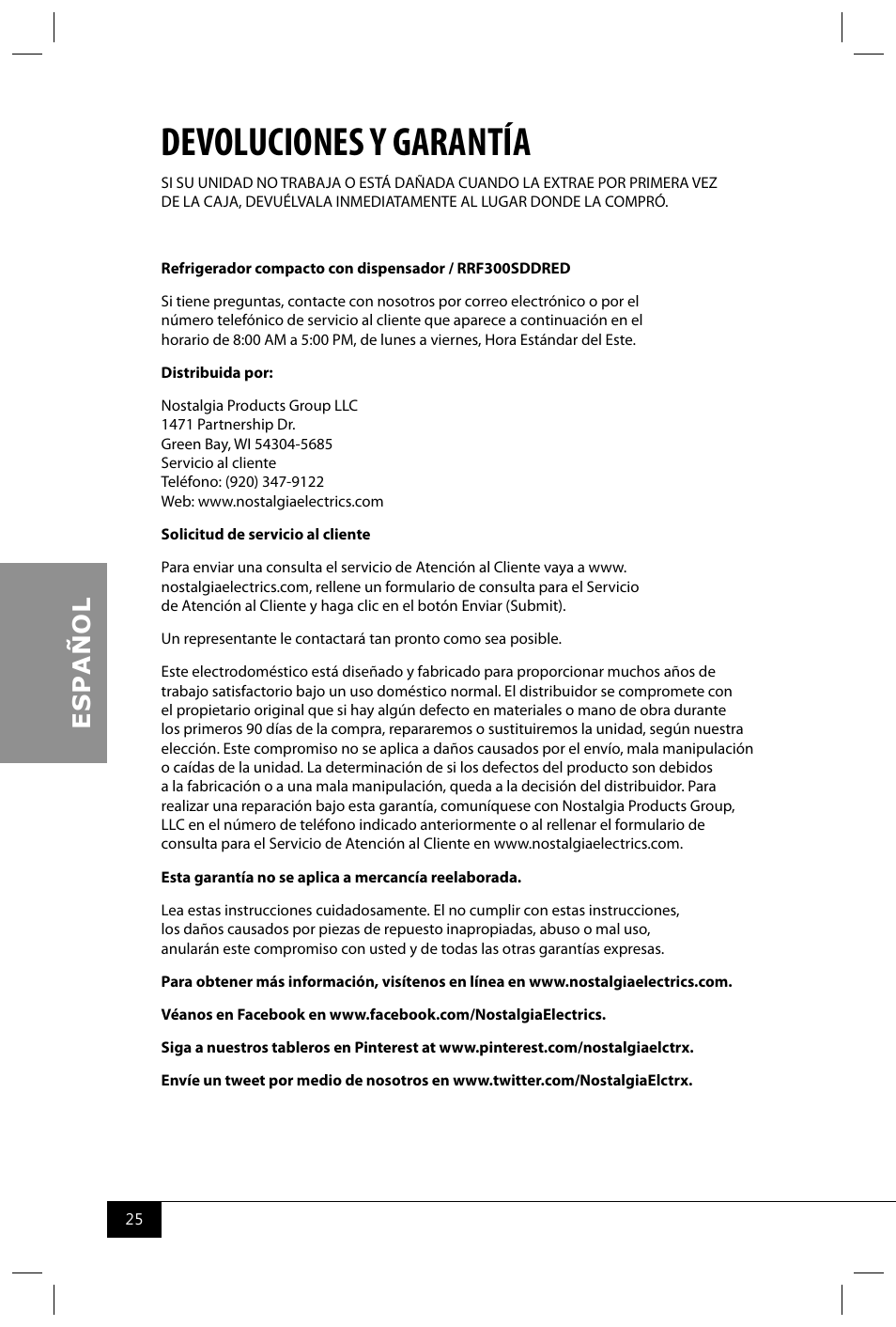 Devoluciones y garantía | Nostalgia Electrics RRF300DNC SERIES User Manual | Page 27 / 39