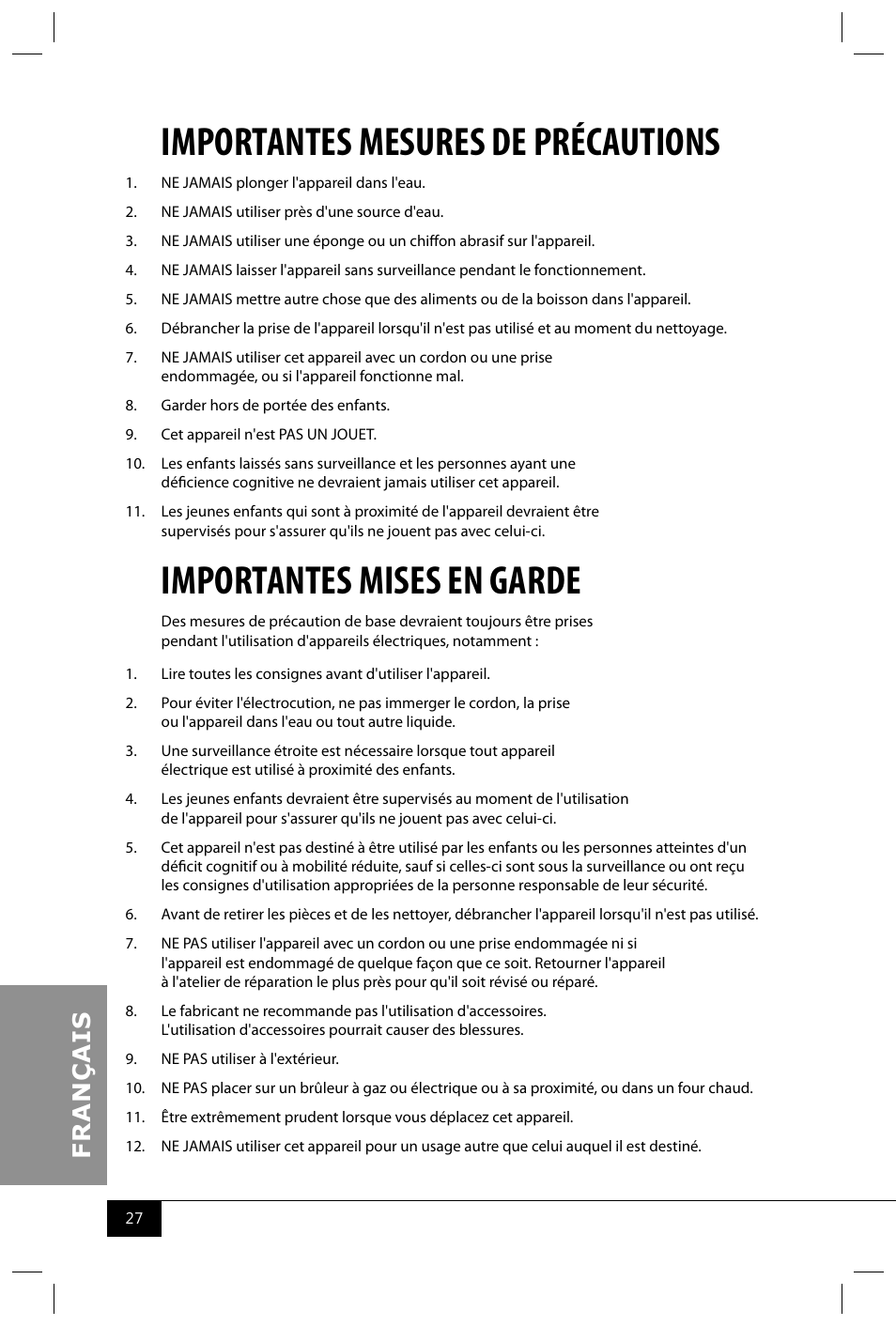Importantes mesures de précautions, Importantes mises en garde | Nostalgia Electrics RRF300DNC SERIES User Manual | Page 29 / 39