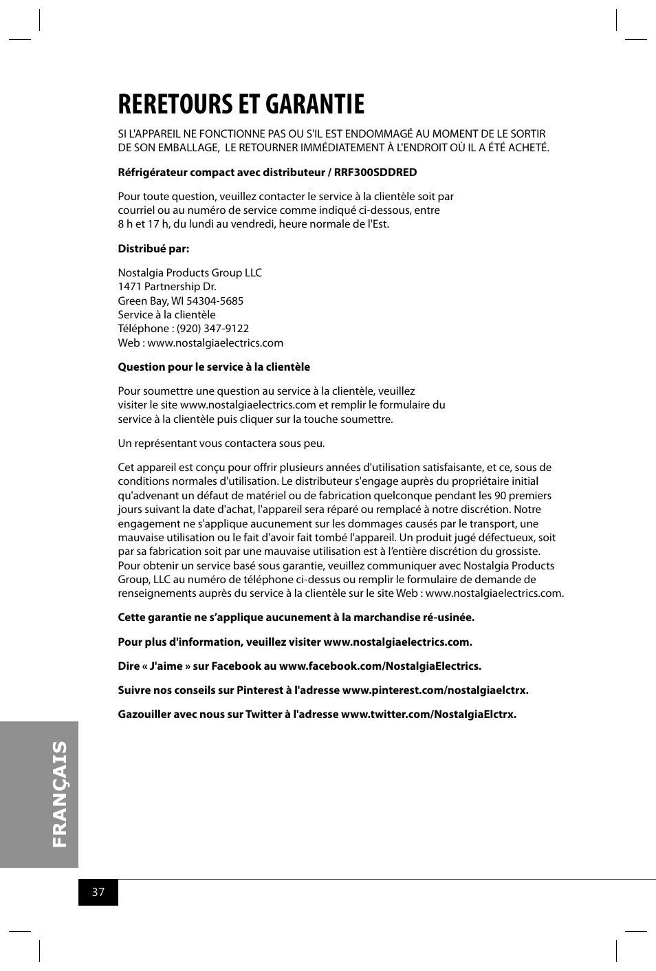 Reretours et garantie | Nostalgia Electrics RRF300DNC SERIES User Manual | Page 39 / 39