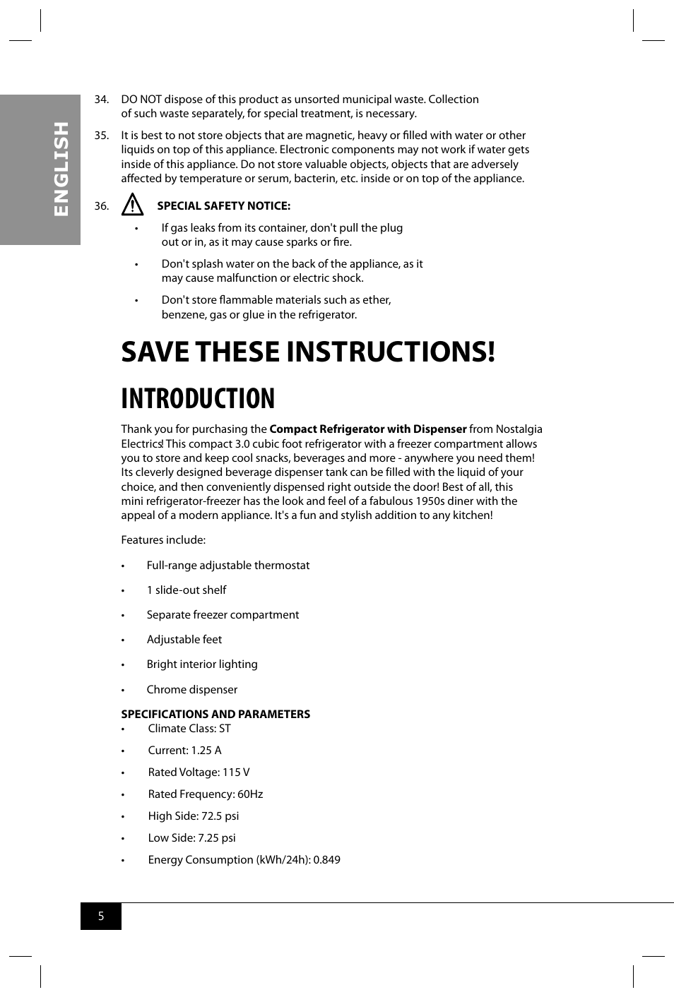 Save these instructions! introduction, En g li s h | Nostalgia Electrics RRF300DNC SERIES User Manual | Page 7 / 39