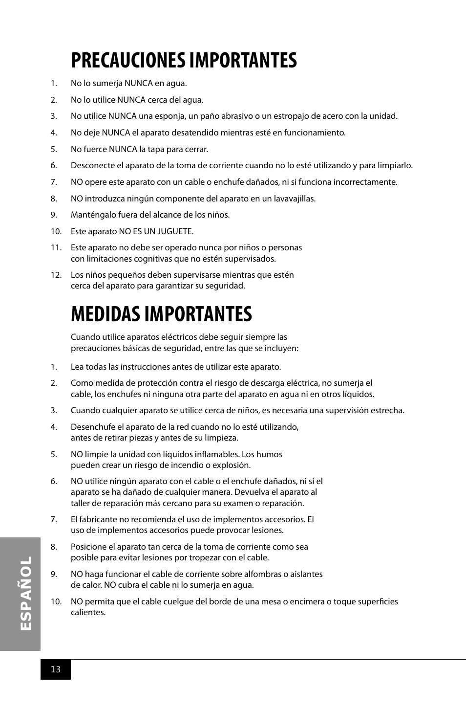 Precauciones importantes, Medidas importantes | Nostalgia Electrics RIC100 SERIES User Manual | Page 15 / 32