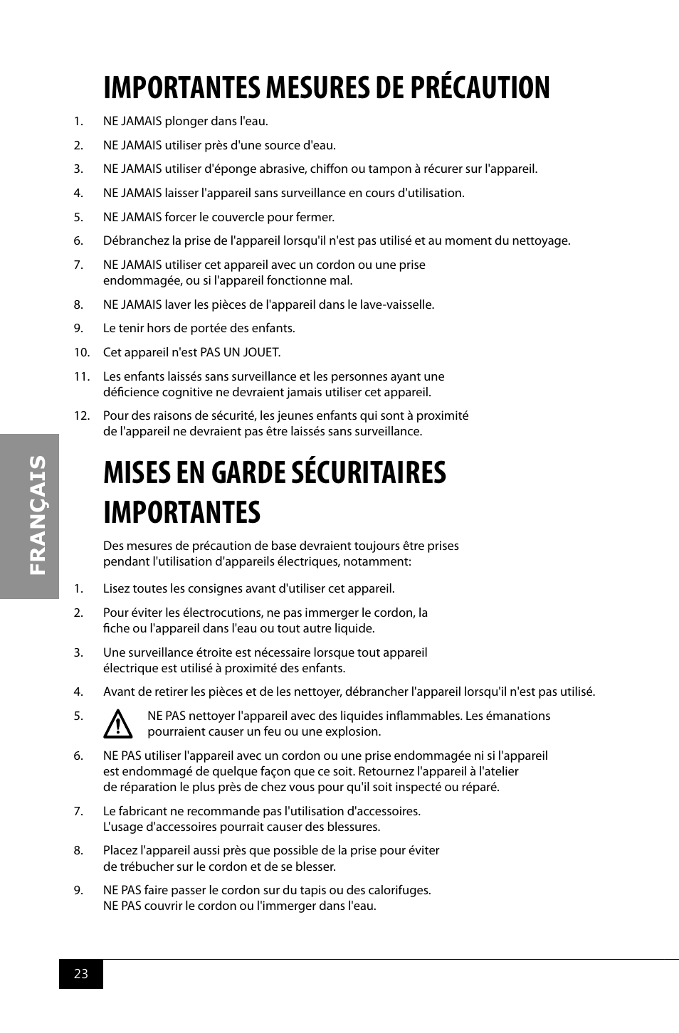 Importantes mesures de précaution, Mises en garde sécuritaires importantes | Nostalgia Electrics RIC100 SERIES User Manual | Page 25 / 32