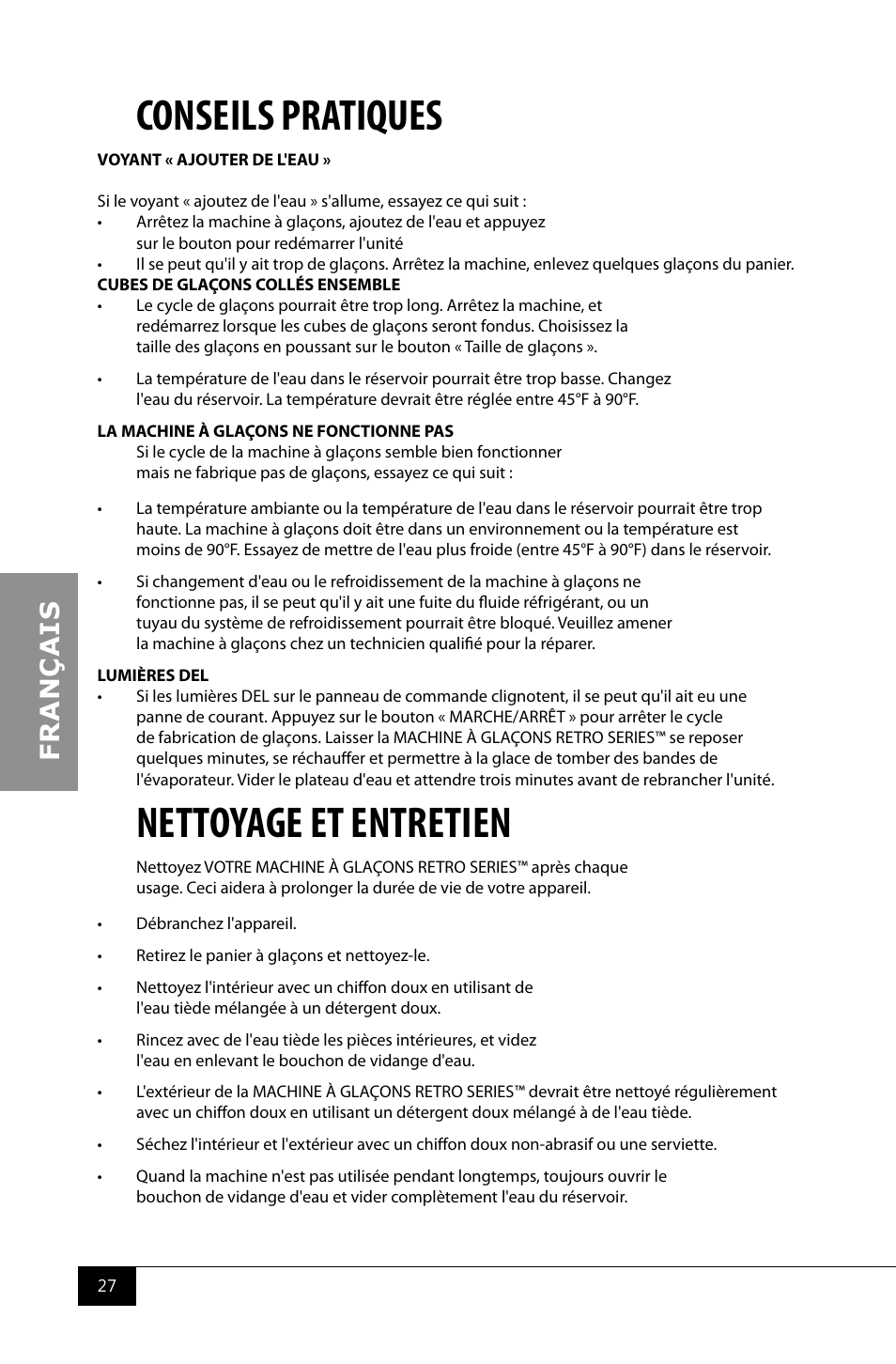 Conseils pratiques, Nettoyage et entretien | Nostalgia Electrics RIC100 SERIES User Manual | Page 29 / 32
