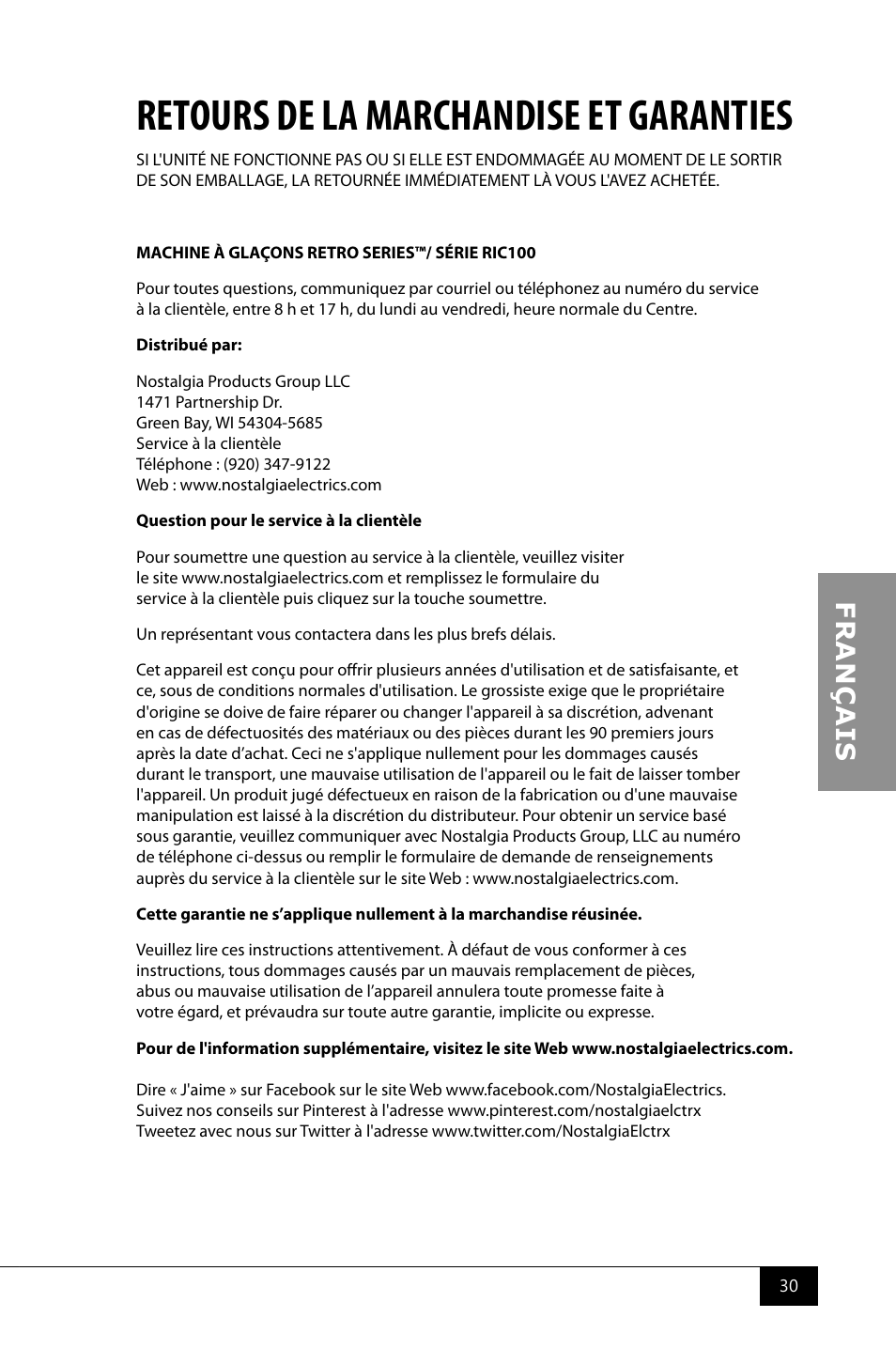 Retours de la marchandise et garanties | Nostalgia Electrics RIC100 SERIES User Manual | Page 32 / 32