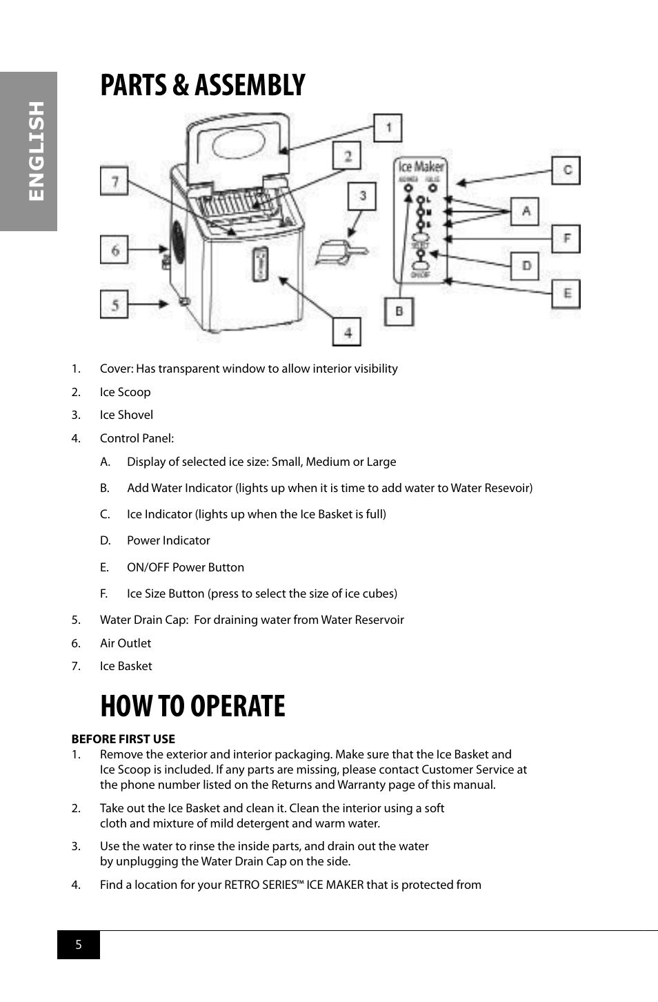 Parts & assembly, How to operate, En g li s h | Nostalgia Electrics RIC100 SERIES User Manual | Page 7 / 32