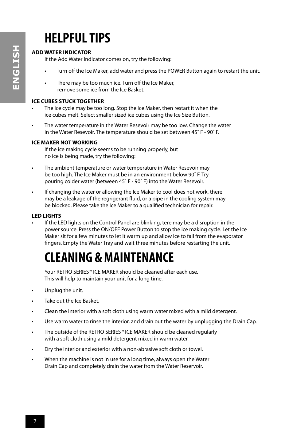 Helpful tips, Cleaning & maintenance, En g li s h | Nostalgia Electrics RIC100 SERIES User Manual | Page 9 / 32