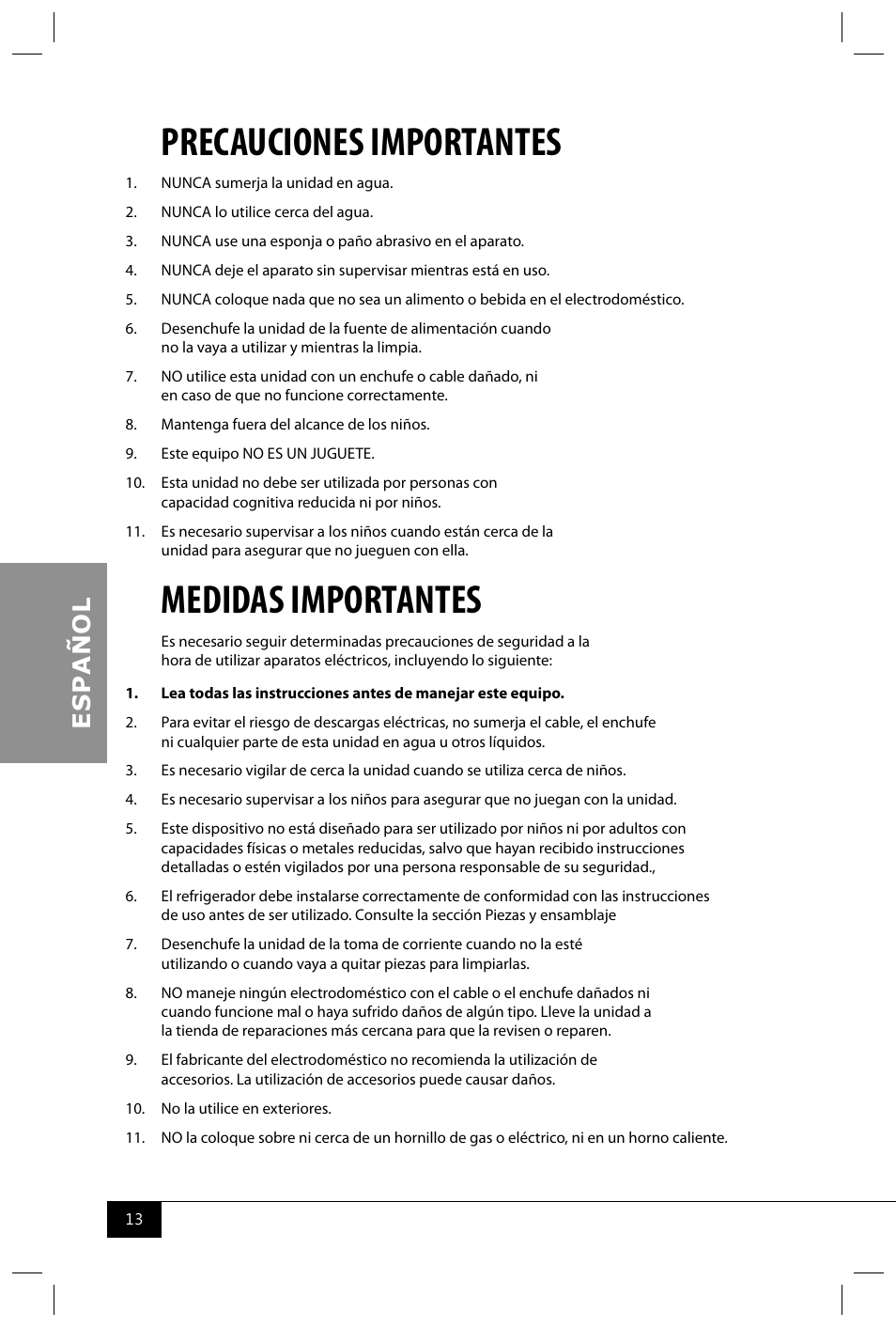 Precauciones importantes, Medidas importantes | Nostalgia Electrics CRF170 RETRO RED User Manual | Page 15 / 33