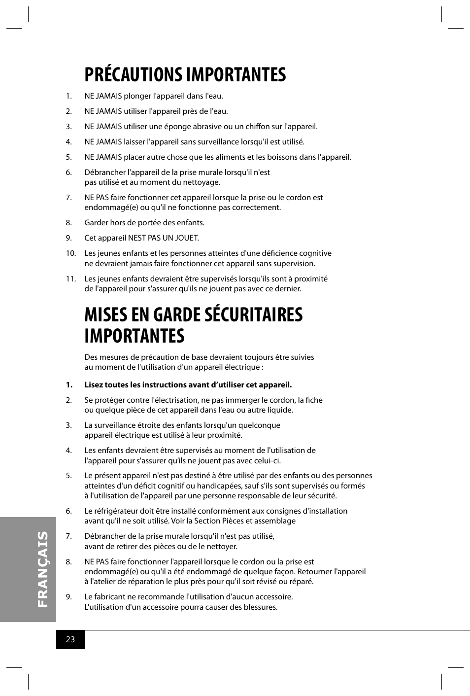 Précautions importantes, Mises en garde sécuritaires importantes | Nostalgia Electrics CRF170 RETRO RED User Manual | Page 25 / 33