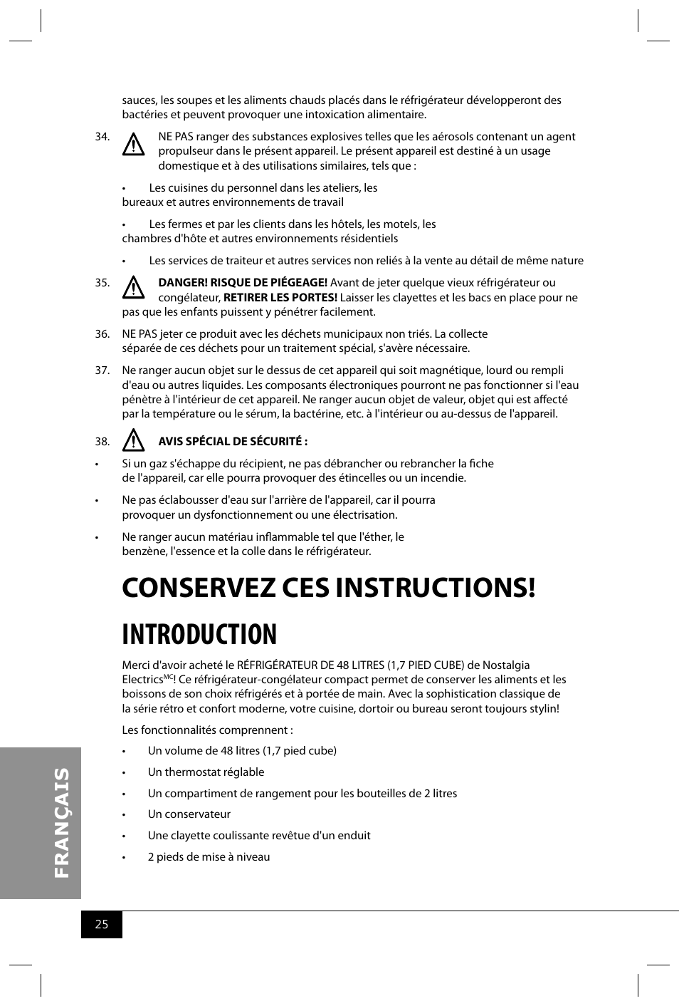 Introduction, Conservez ces instructions | Nostalgia Electrics CRF170 RETRO RED User Manual | Page 27 / 33