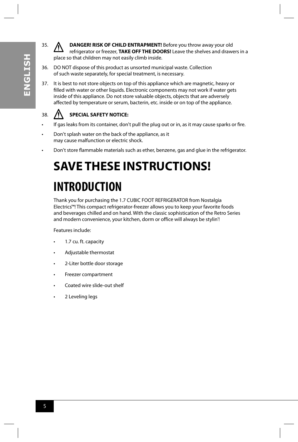 Introduction, Save these instructions, En g li s h | Nostalgia Electrics CRF170 RETRO RED User Manual | Page 7 / 33