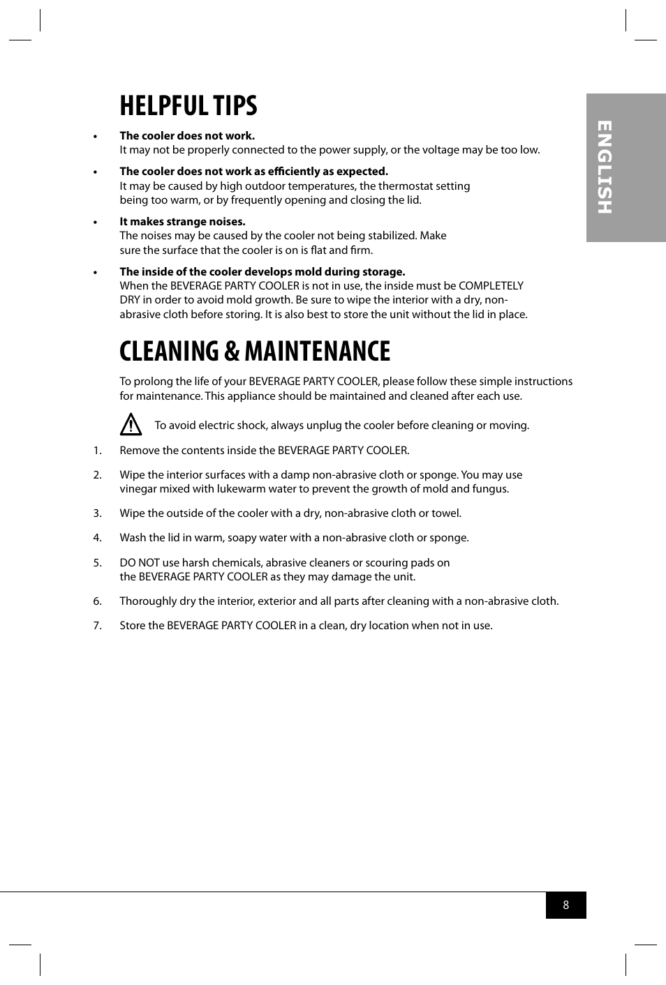 Helpful tips, Cleaning & maintenance, En g li s h | Nostalgia Electrics BPC700 SERIES User Manual | Page 10 / 28