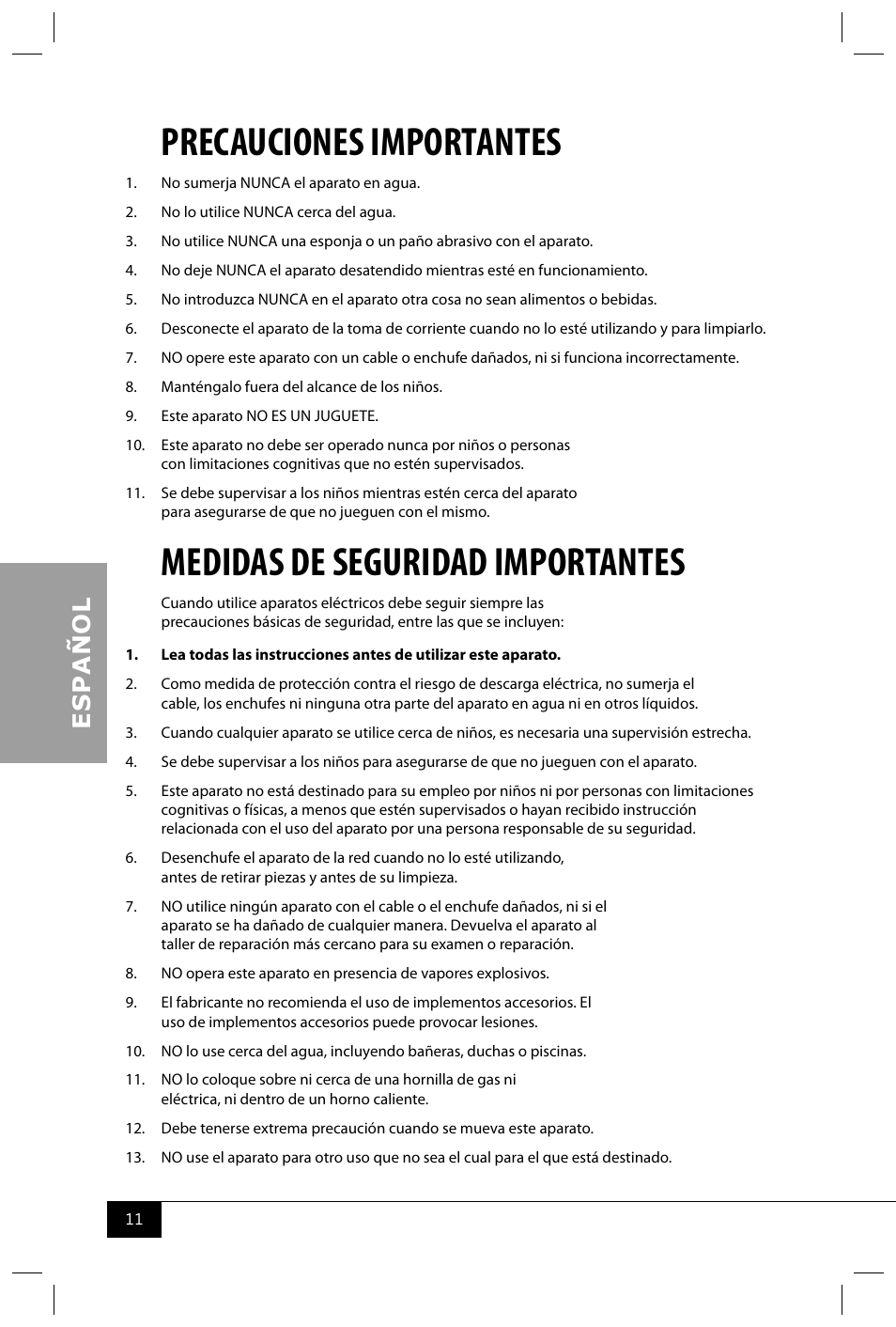 Precauciones importantes, Medidas de seguridad importantes | Nostalgia Electrics BPC700 SERIES User Manual | Page 13 / 28