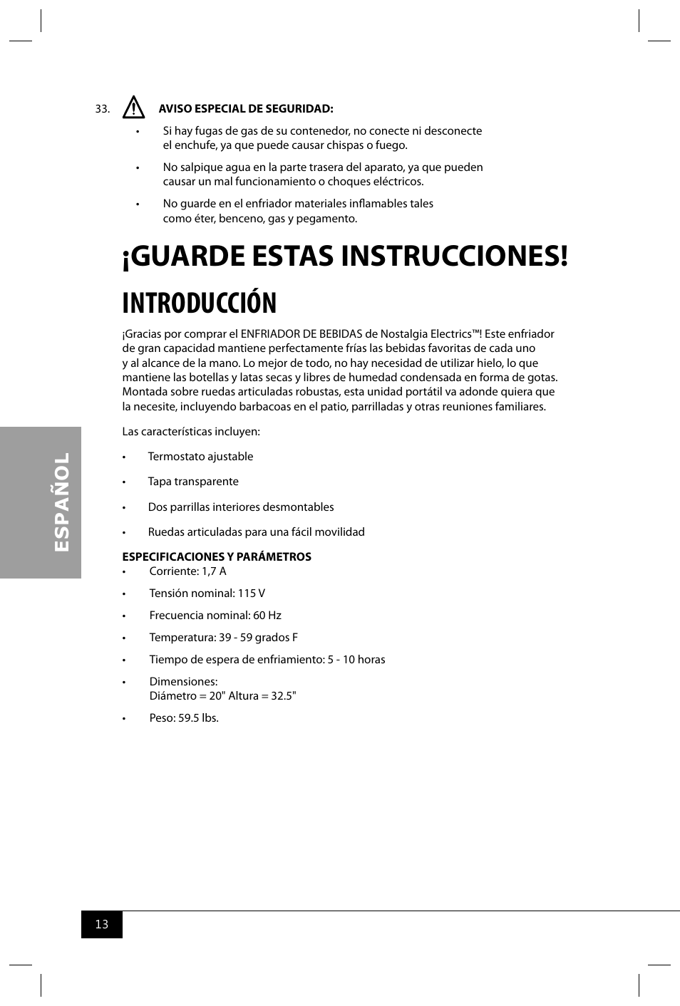 Guarde estas instrucciones! introducción | Nostalgia Electrics BPC700 SERIES User Manual | Page 15 / 28