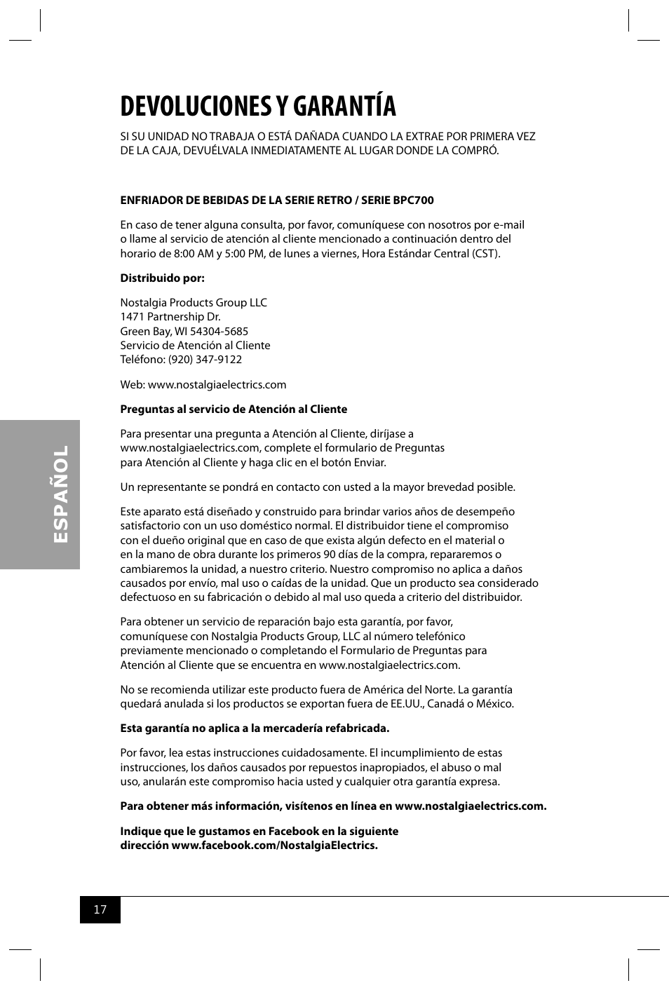 Devoluciones y garantía | Nostalgia Electrics BPC700 SERIES User Manual | Page 19 / 28