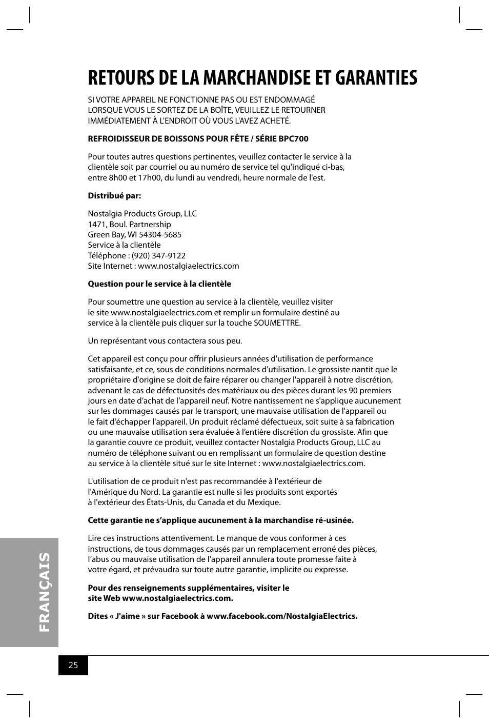 Retours de la marchandise et garanties | Nostalgia Electrics BPC700 SERIES User Manual | Page 27 / 28