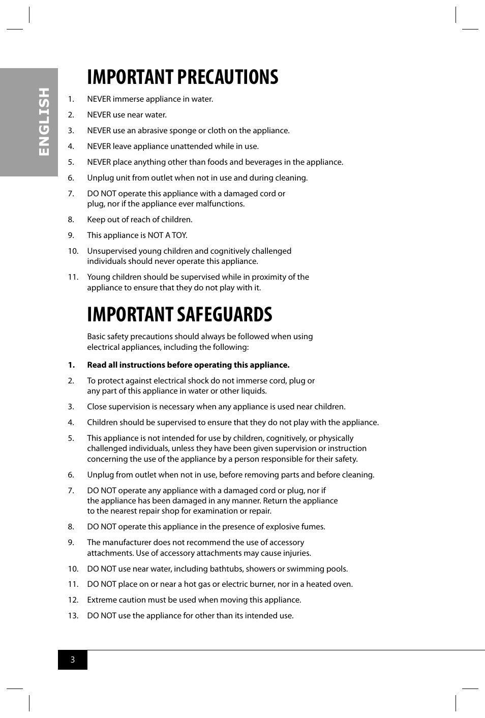 Important precautions, Important safeguards, En g li s h | Nostalgia Electrics BPC700 SERIES User Manual | Page 5 / 28