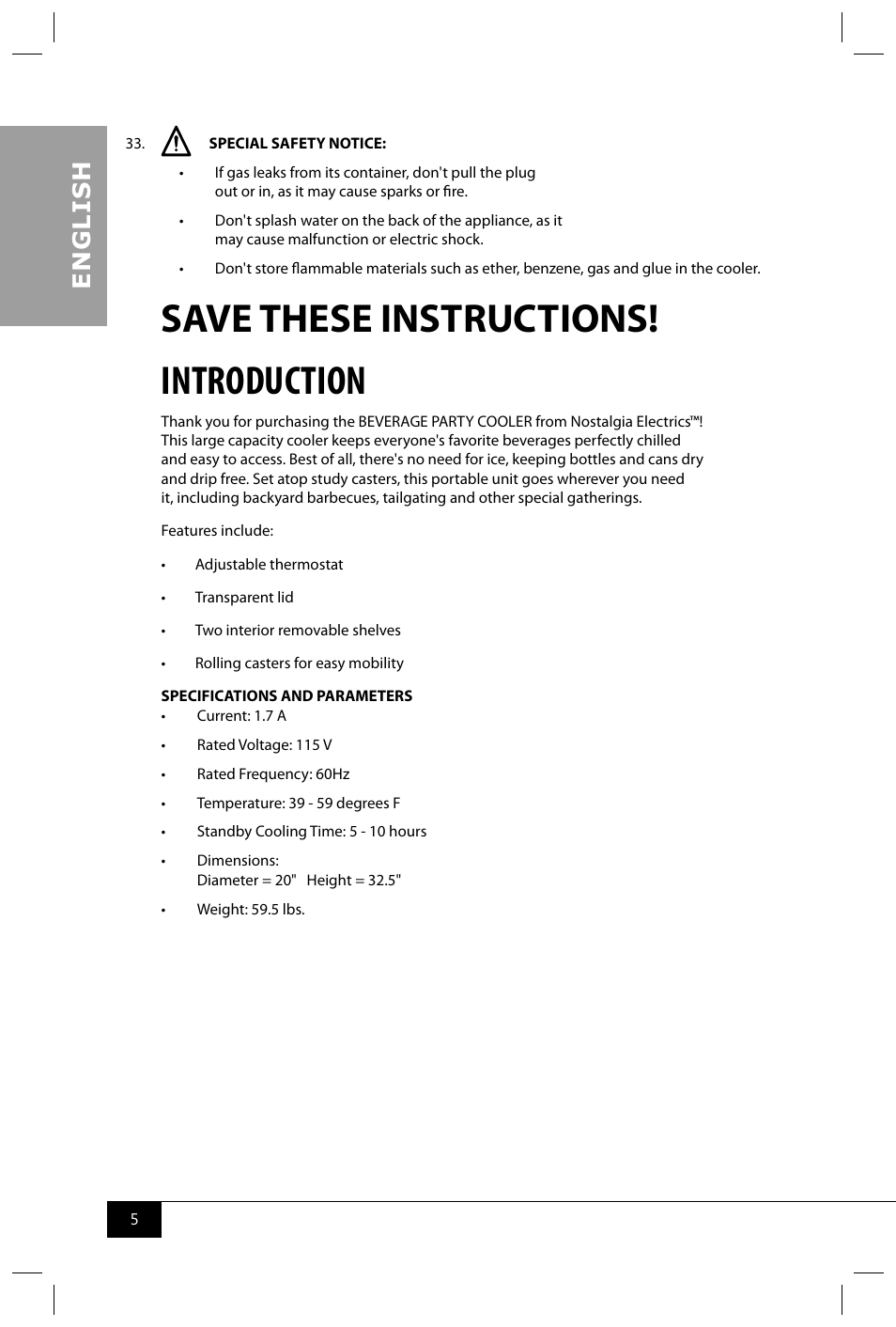 Save these instructions! introduction, En g li s h | Nostalgia Electrics BPC700 SERIES User Manual | Page 7 / 28