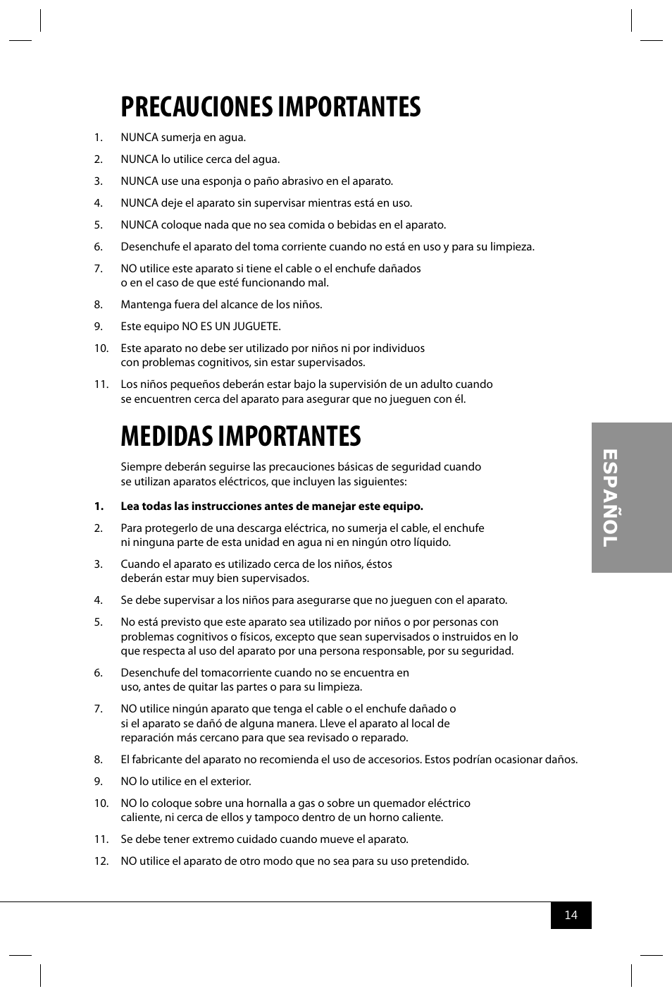 Precauciones importantes, Medidas importantes | Nostalgia Electrics RRF325 SERIES User Manual | Page 16 / 36