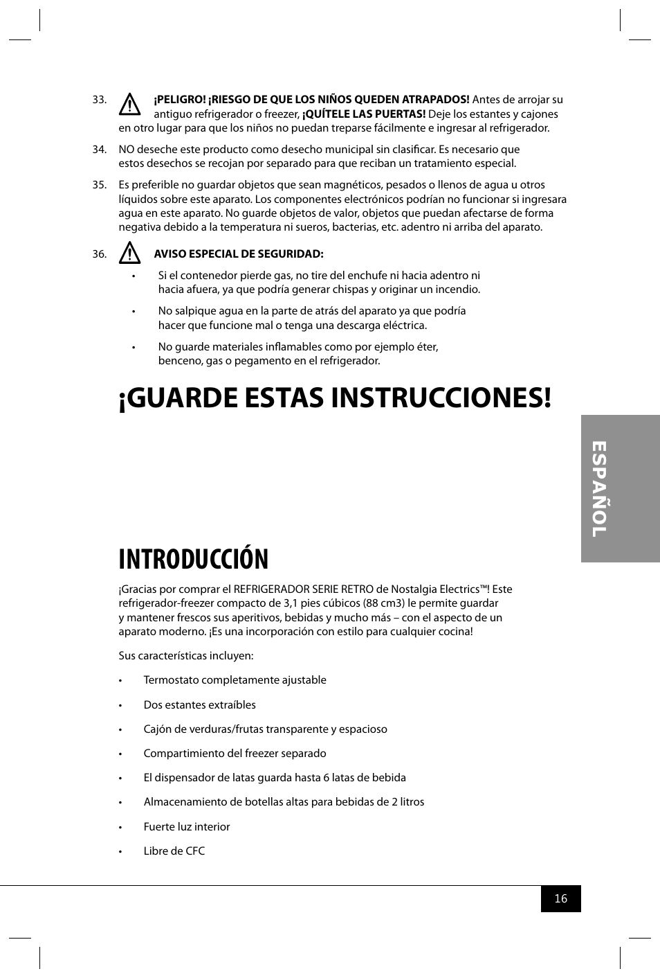 Guarde estas instrucciones! introducción | Nostalgia Electrics RRF325 SERIES User Manual | Page 18 / 36