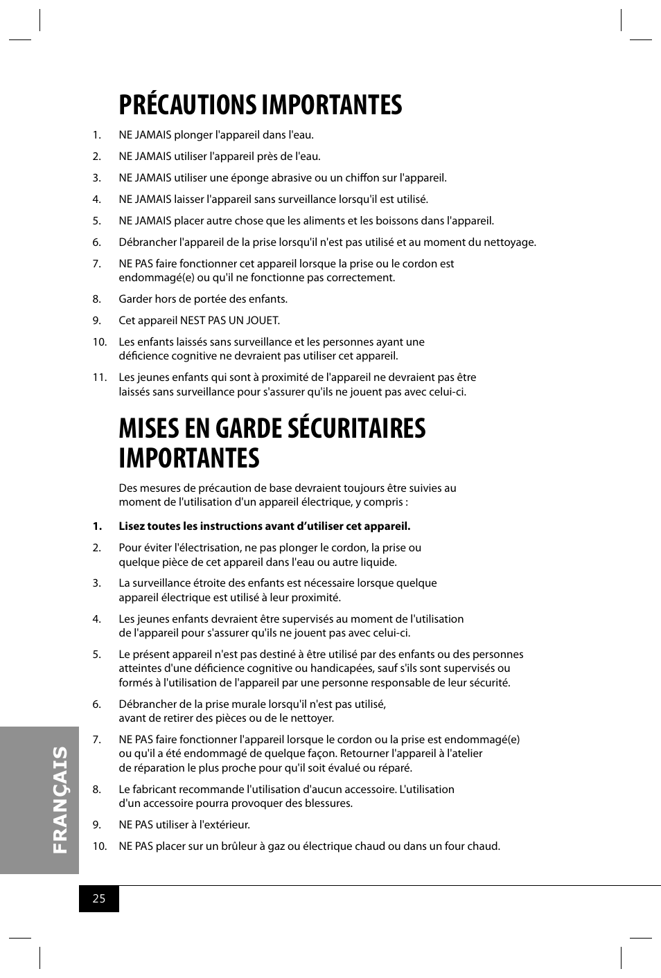 Précautions importantes, Mises en garde sécuritaires importantes | Nostalgia Electrics RRF325 SERIES User Manual | Page 27 / 36