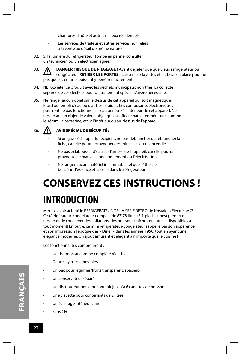 Conservez ces instructions ! introduction | Nostalgia Electrics RRF325 SERIES User Manual | Page 29 / 36