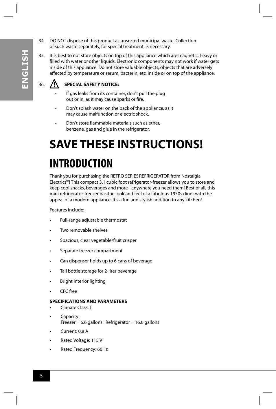 Save these instructions! introduction, En g li s h | Nostalgia Electrics RRF325 SERIES User Manual | Page 7 / 36