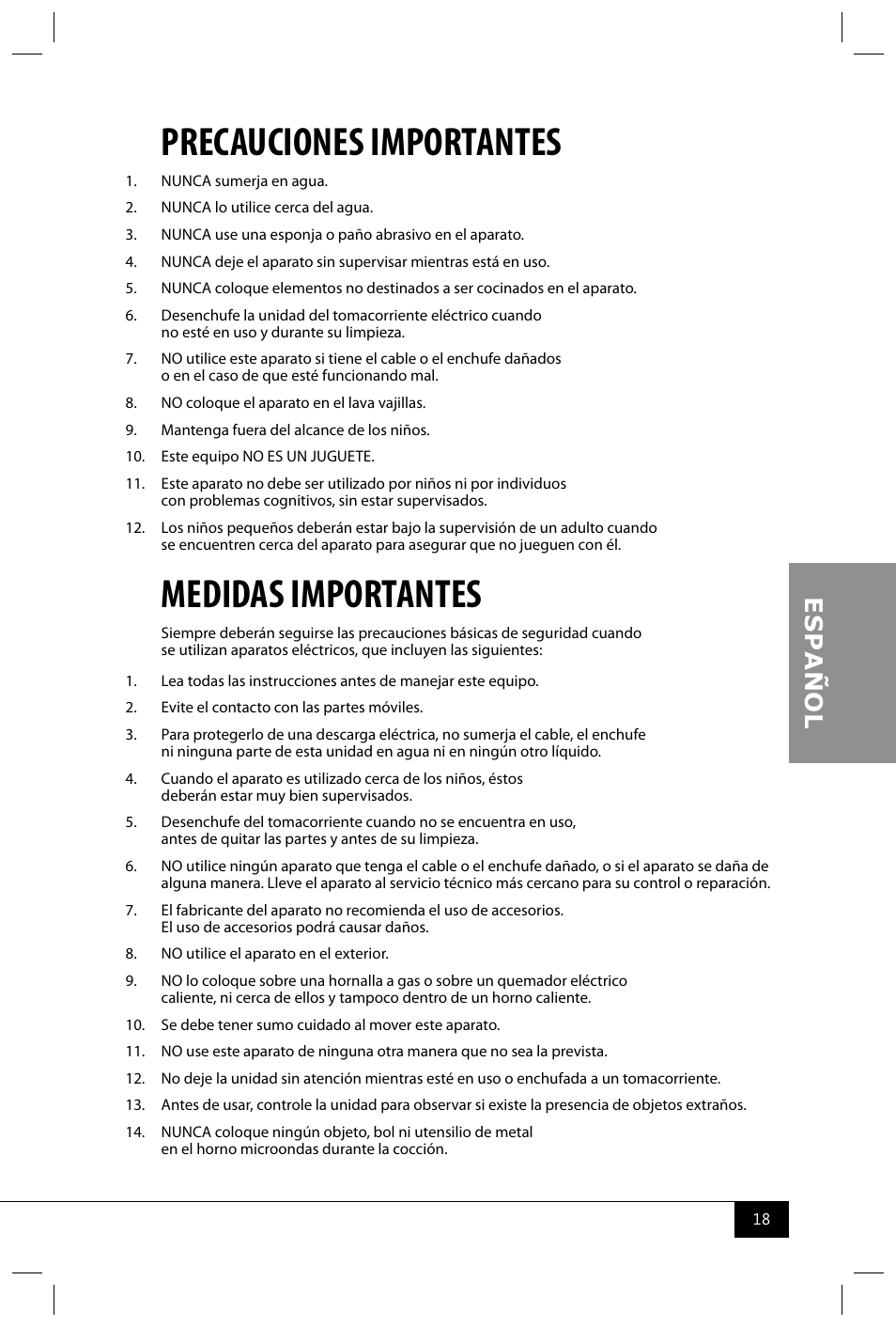 Precauciones importantes, Medidas importantes | Nostalgia Electrics RMO400 SERIES User Manual | Page 20 / 48