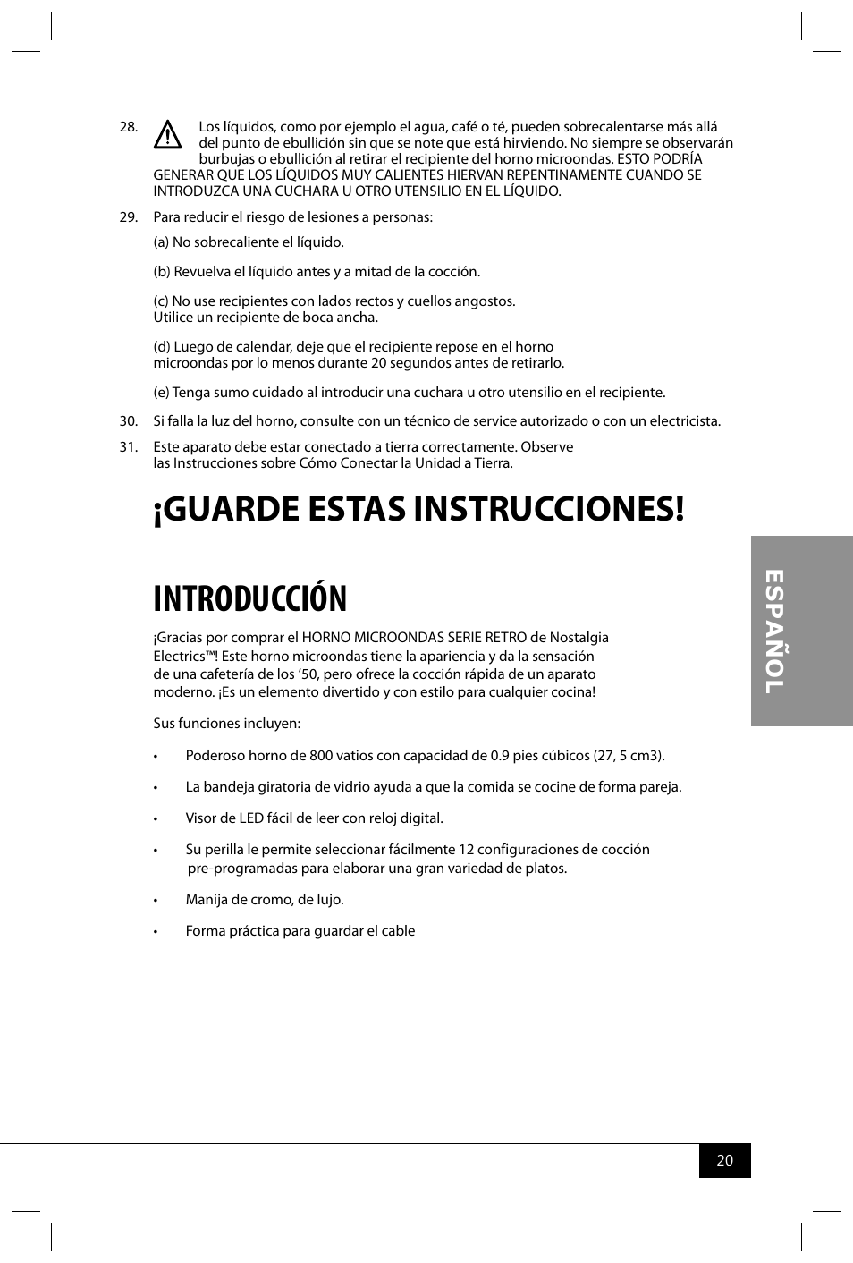 Introducción, Guarde estas instrucciones | Nostalgia Electrics RMO400 SERIES User Manual | Page 22 / 48