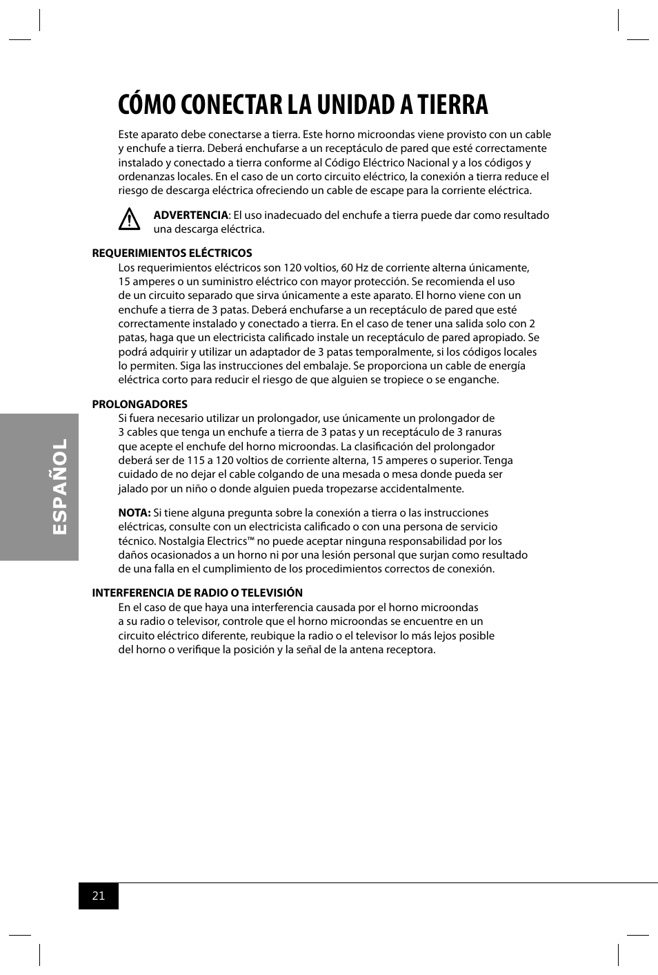 Cómo conectar la unidad a tierra | Nostalgia Electrics RMO400 SERIES User Manual | Page 23 / 48