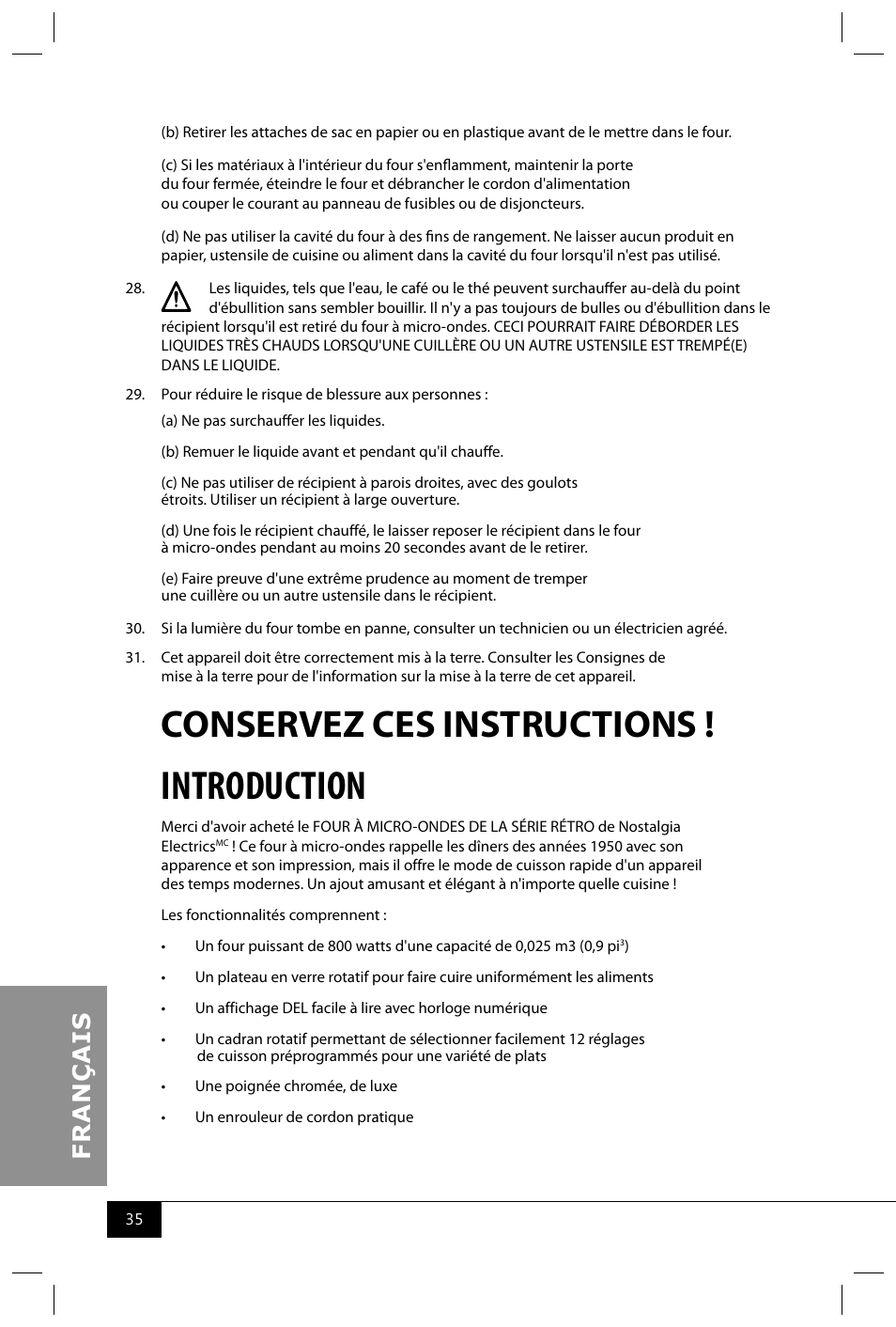 Introduction, Conservez ces instructions | Nostalgia Electrics RMO400 SERIES User Manual | Page 37 / 48