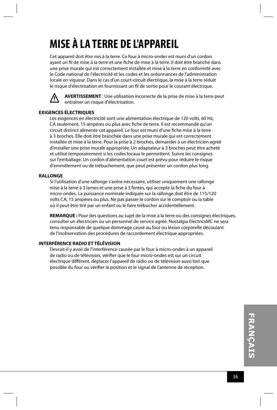 Mise à la terre de l'appareil | Nostalgia Electrics RMO400 SERIES User Manual | Page 38 / 48