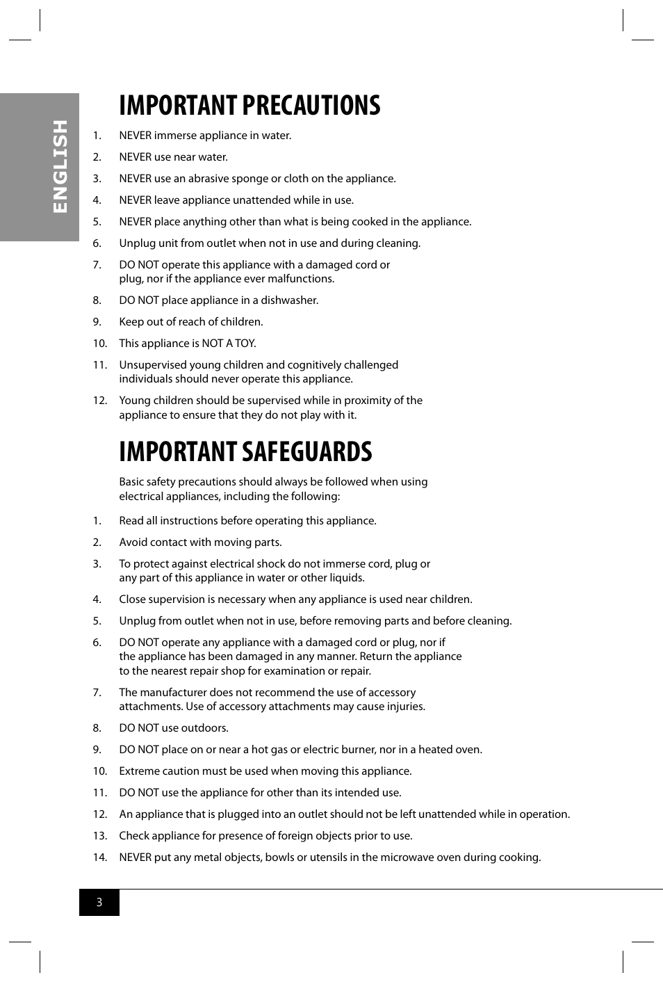 Important precautions, Important safeguards, En g li s h | Nostalgia Electrics RMO400 SERIES User Manual | Page 5 / 48