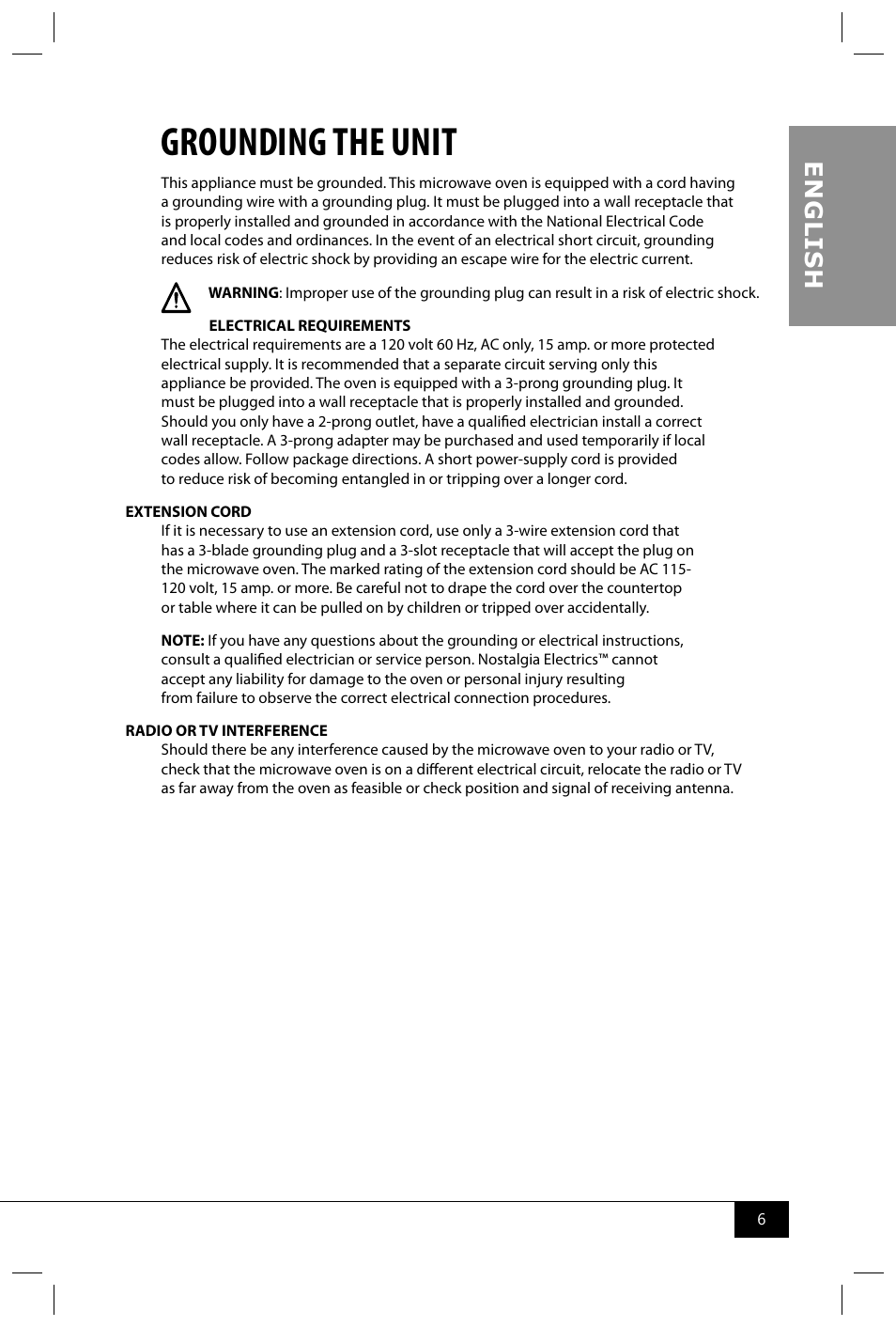 Grounding the unit, En g li s h | Nostalgia Electrics RMO400 SERIES User Manual | Page 8 / 48