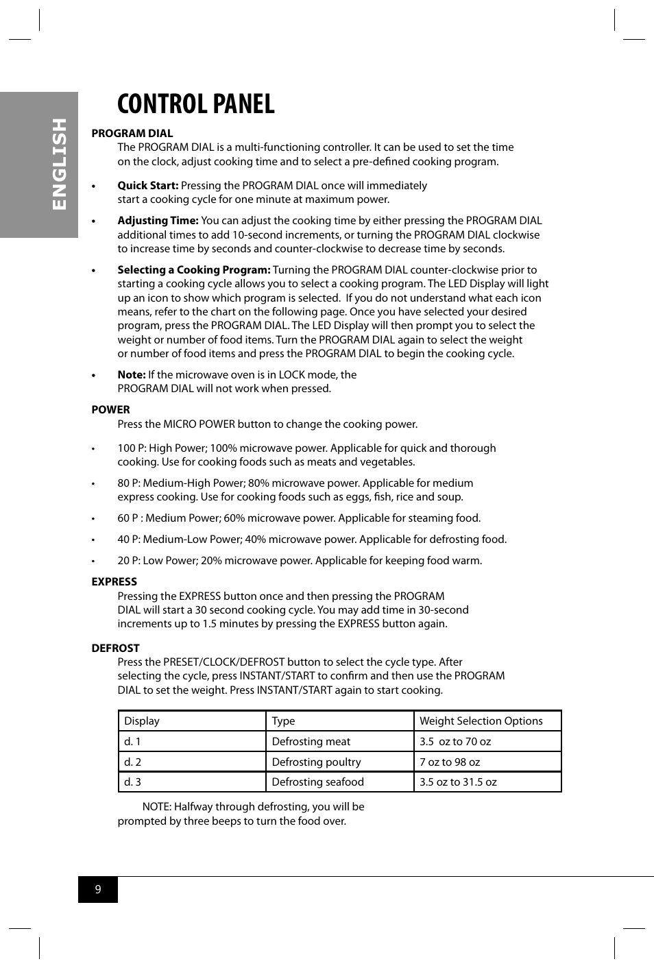 Control panel, En g li s h | Nostalgia Electrics RMO770 SERIES User Manual | Page 11 / 16