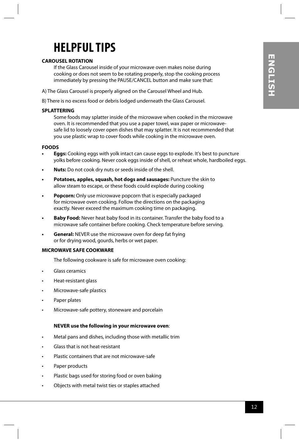 Helpful tips, En g li s h | Nostalgia Electrics RMO770 SERIES User Manual | Page 14 / 16