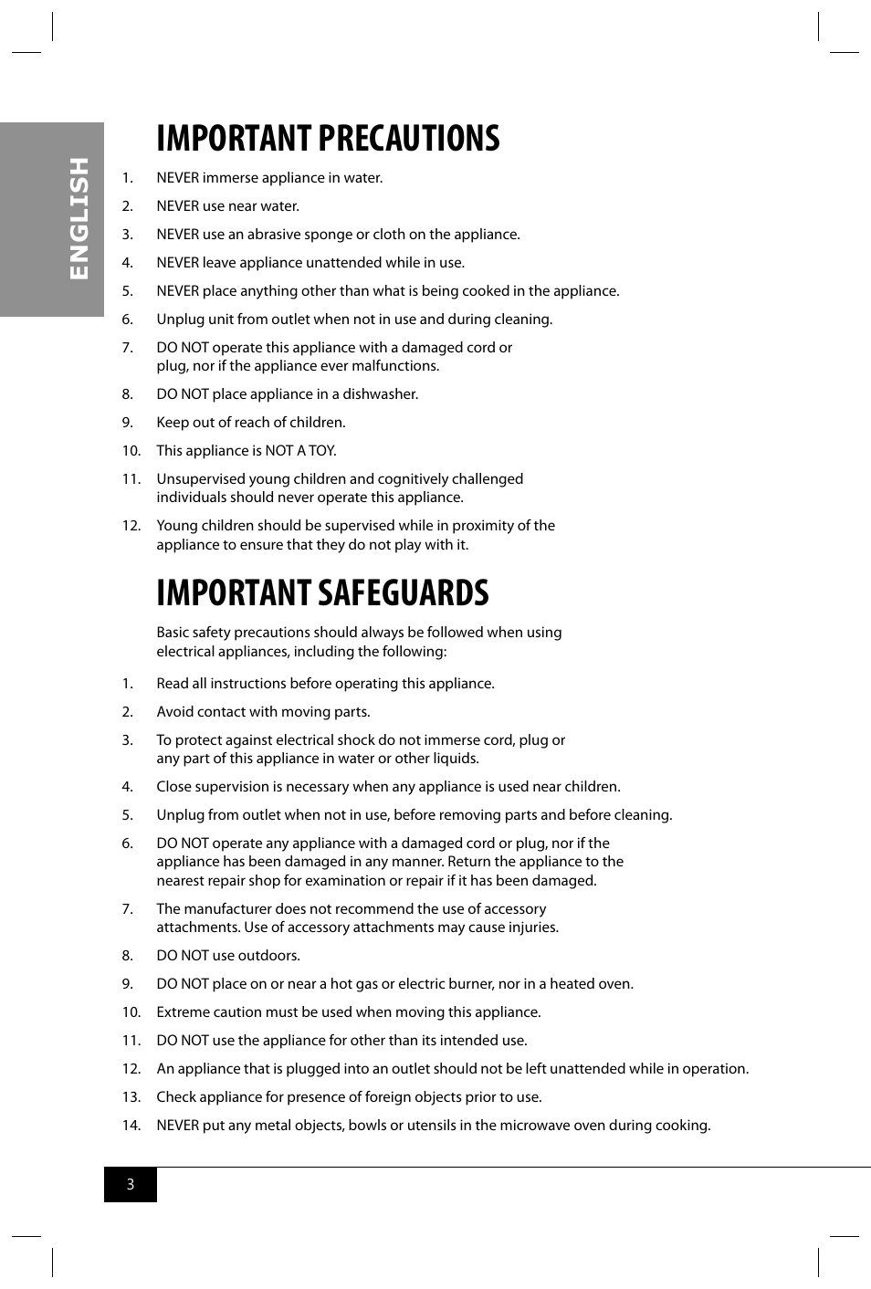 Important precautions, Important safeguards, En g li s h | Nostalgia Electrics RMO770 SERIES User Manual | Page 5 / 16