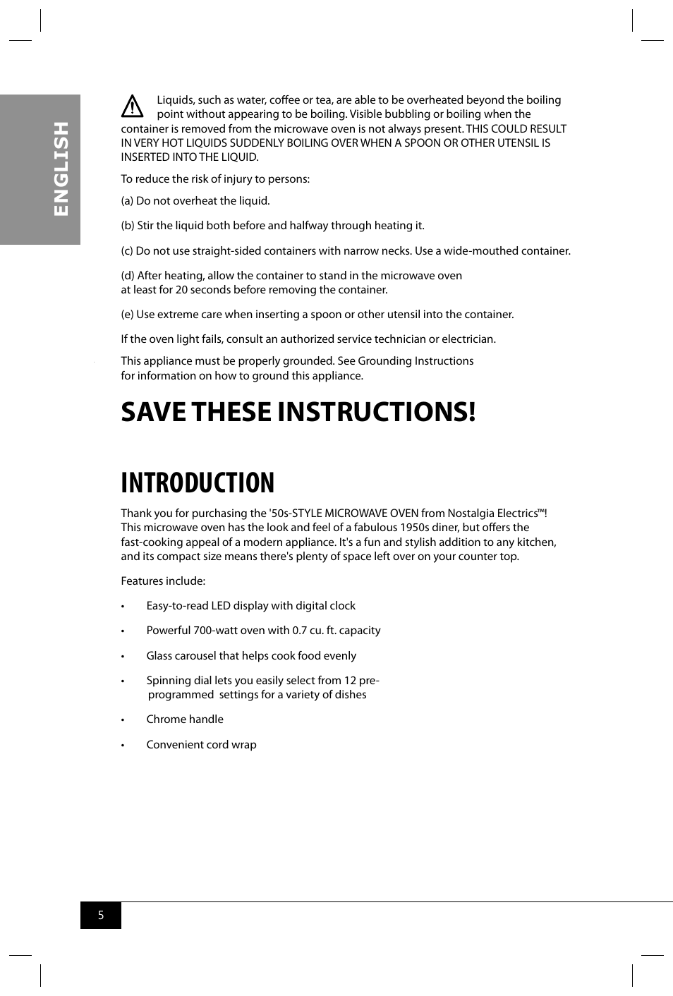 Introduction, Save these instructions, En g li s h | Nostalgia Electrics RMO770 SERIES User Manual | Page 7 / 16