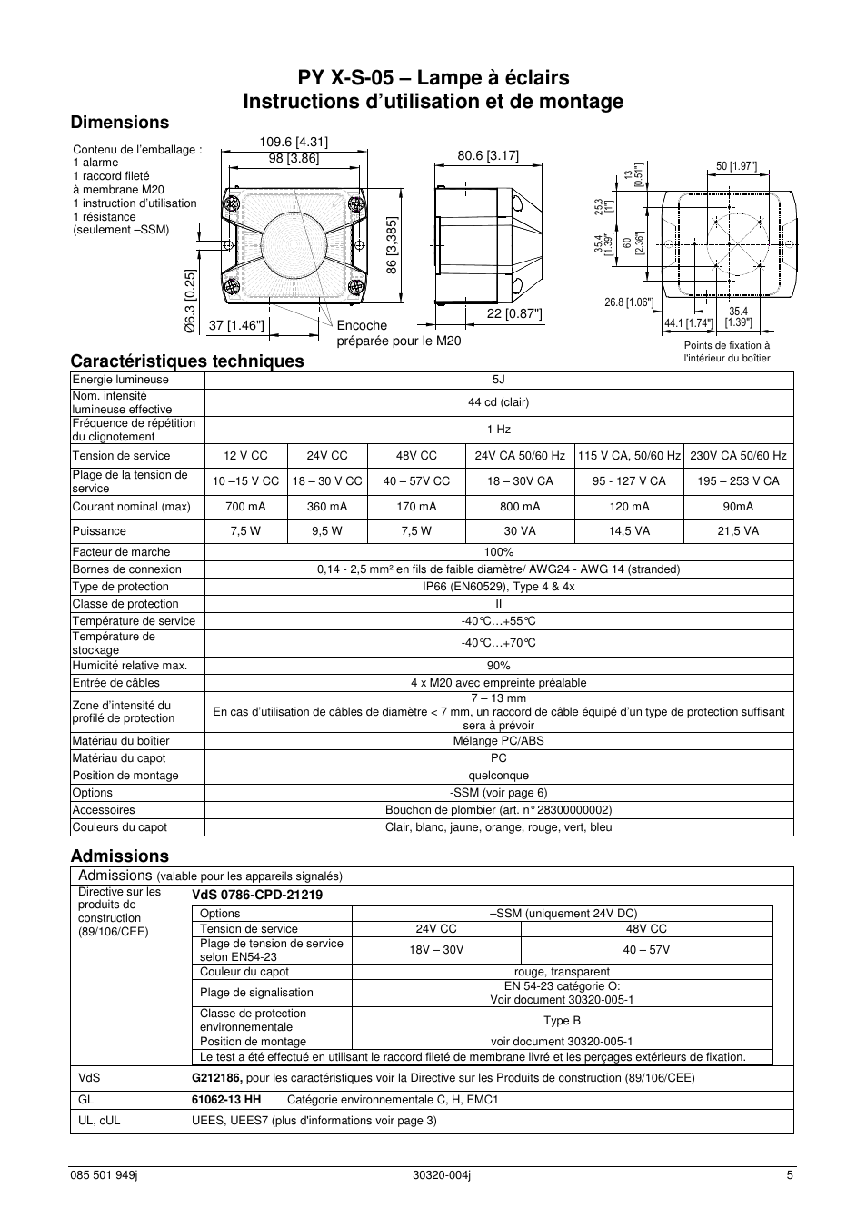 Dimensions, Caractéristiques techniques, Admissions | Pfannenberg PYRA PY X-S-05 Series User Manual | Page 5 / 8