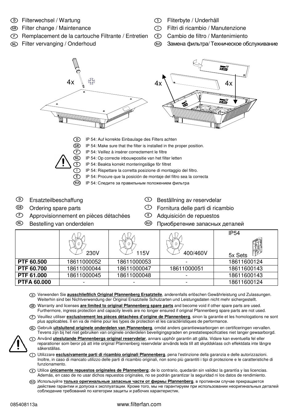 Filterwechsel / wartung, Fliterbyte / underhåll, Filter change / maintenance | Filtri di ricambio / manutenzione, Remplacement de la cartouche filtrante / entretien, Cambio de filtro / mantenimiento, Filter vervanging / onderhoud, Замена фильтра/ техническое обслуживание, Ersatzteilbeschaffung, Beställning av reservdelar | Pfannenberg PTF 61000 User Manual | Page 3 / 4