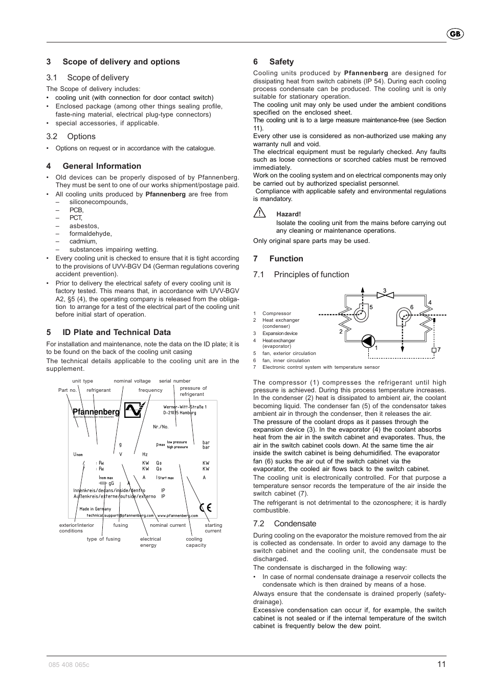 2 options, 4general information, 5id plate and technical data | 6safety, 7function 7.1 principles of function, 2 condensate | Pfannenberg DTFI 9021 User Manual | Page 11 / 52