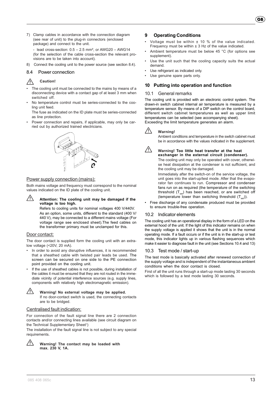 4 power connection, Power supply connection (mains), Door contact | Centralised fault indication, 9operating conditions, 2 indicator elements, 3 test mode / start-up | Pfannenberg DTFI 9021 User Manual | Page 13 / 52