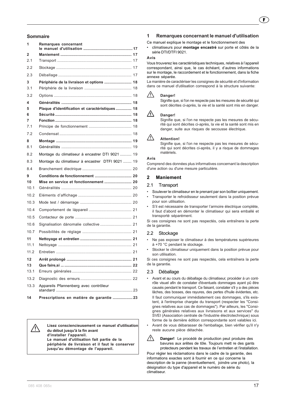 17 1 remarques concernant le manuel d'utilisation, 2maniement 2.1 transport, 2 stockage | 3 déballage, Sommaire | Pfannenberg DTFI 9021 User Manual | Page 17 / 52